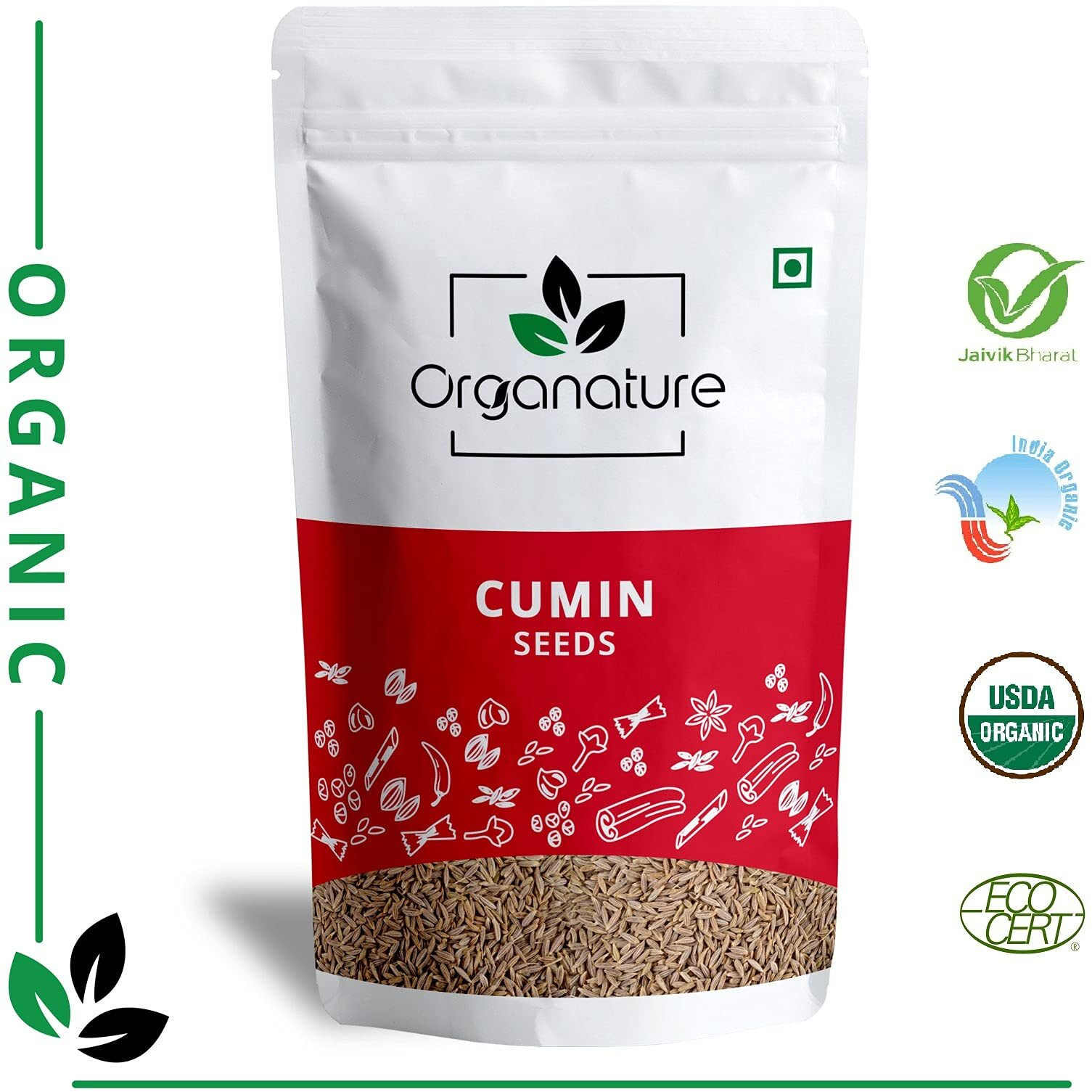 Organature Organic Fresh Cumin Seeds USDA Certified Jeera | Whole Cumin Seeds | Whole Indian Spice | Safaid jeera (900 Grams)