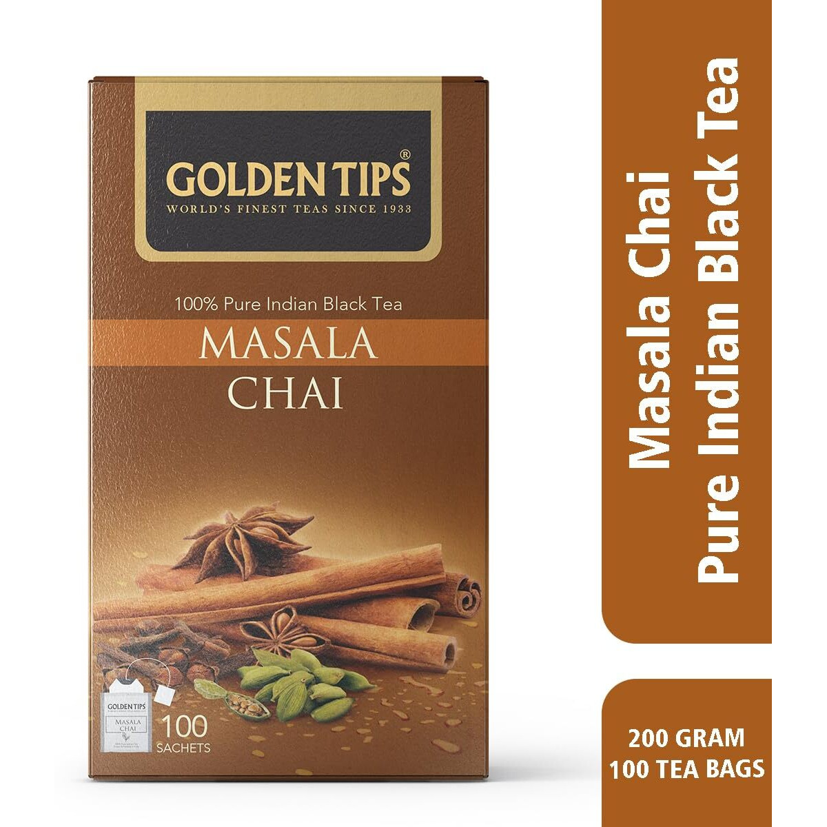 Golden Tips Healthy/Natural and Organic Indian Masala Chai Spiced Tea Bags/Sachet (100 Bags, 200 Gram)