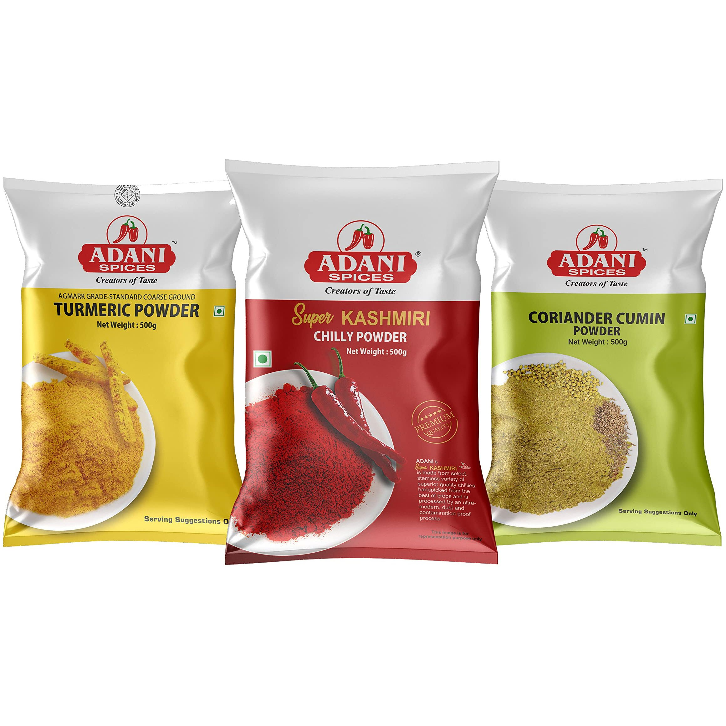 Adani Spices Combo Pack of Kashmiri Red Chilli Powder, Coriander Cumin Powder & Turmeric Powder, 500gm Each