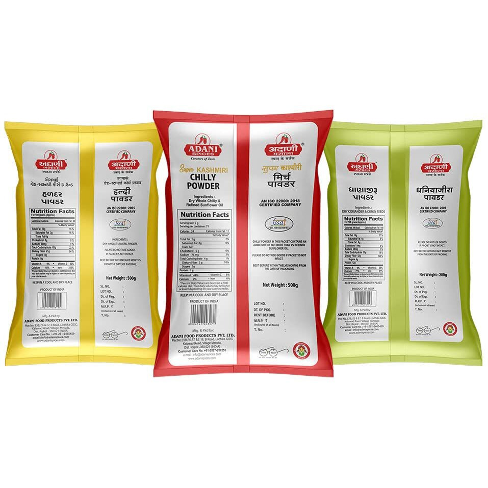 Adani Spices Combo Pack of Kashmiri Red Chilli Powder, Coriander Cumin Powder & Turmeric Powder, 500gm Each