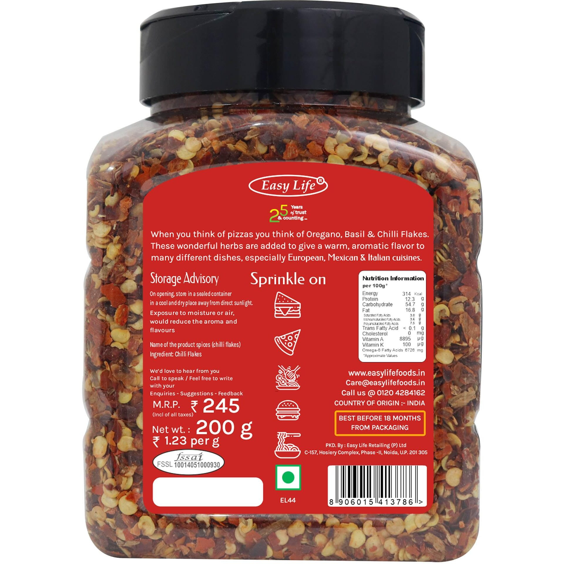 Easy Life Roasted Chilli Flakes 200gm [Ideal Sprinkler Pack for Pizza Chefs Pantry and Every kitchens Shelf]