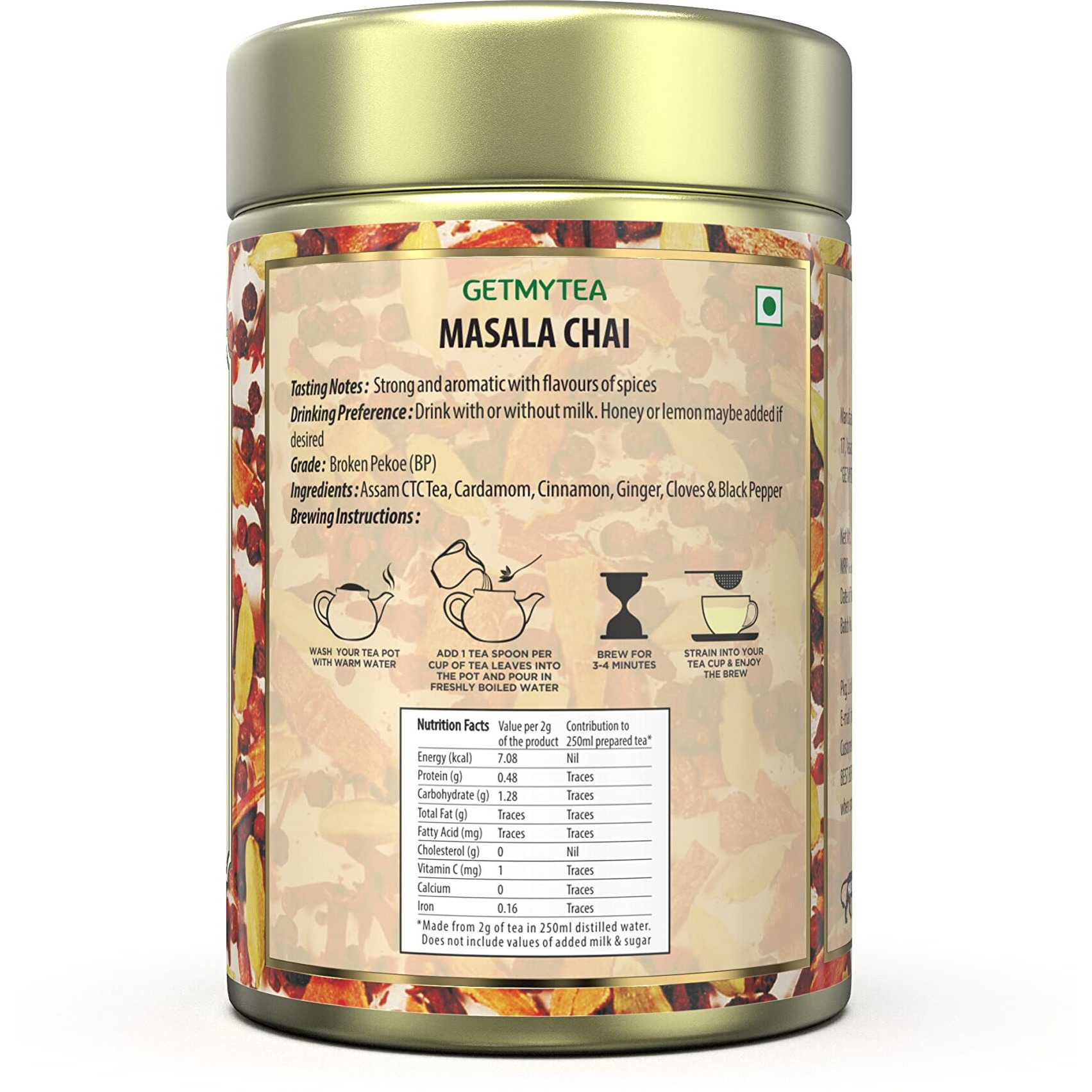 Getmytea Masala Chai Strong and Kadak Can (100g) | No Artificial flavours | Indian Chai | Elaichi Chai | Adrak Chai | CTC Black Tea with 100% Natural Spices | Net Wt. 100g [50 + cups]