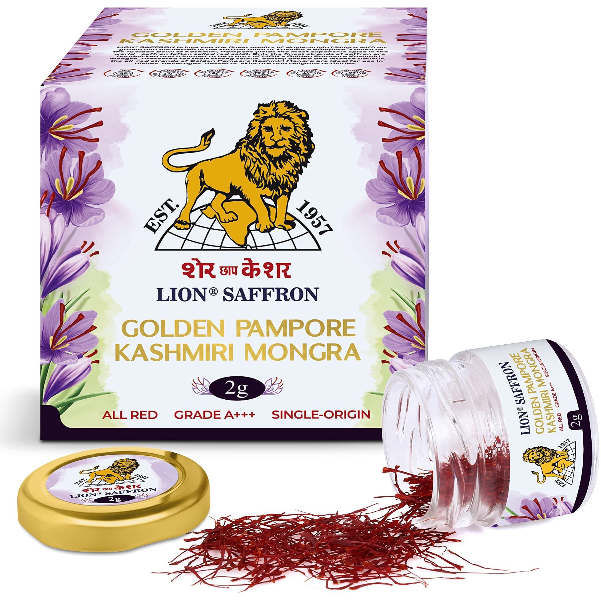 LION BRAND SAFFRON, 2g, Grade A+++ Kashmiri Mongra Kesar/Keshar/Saffron for Pregnant Women, Biryani, Cooking, Sweets and Beauty (From Pampore, Kashmir)(Pack of 1, 2gram)