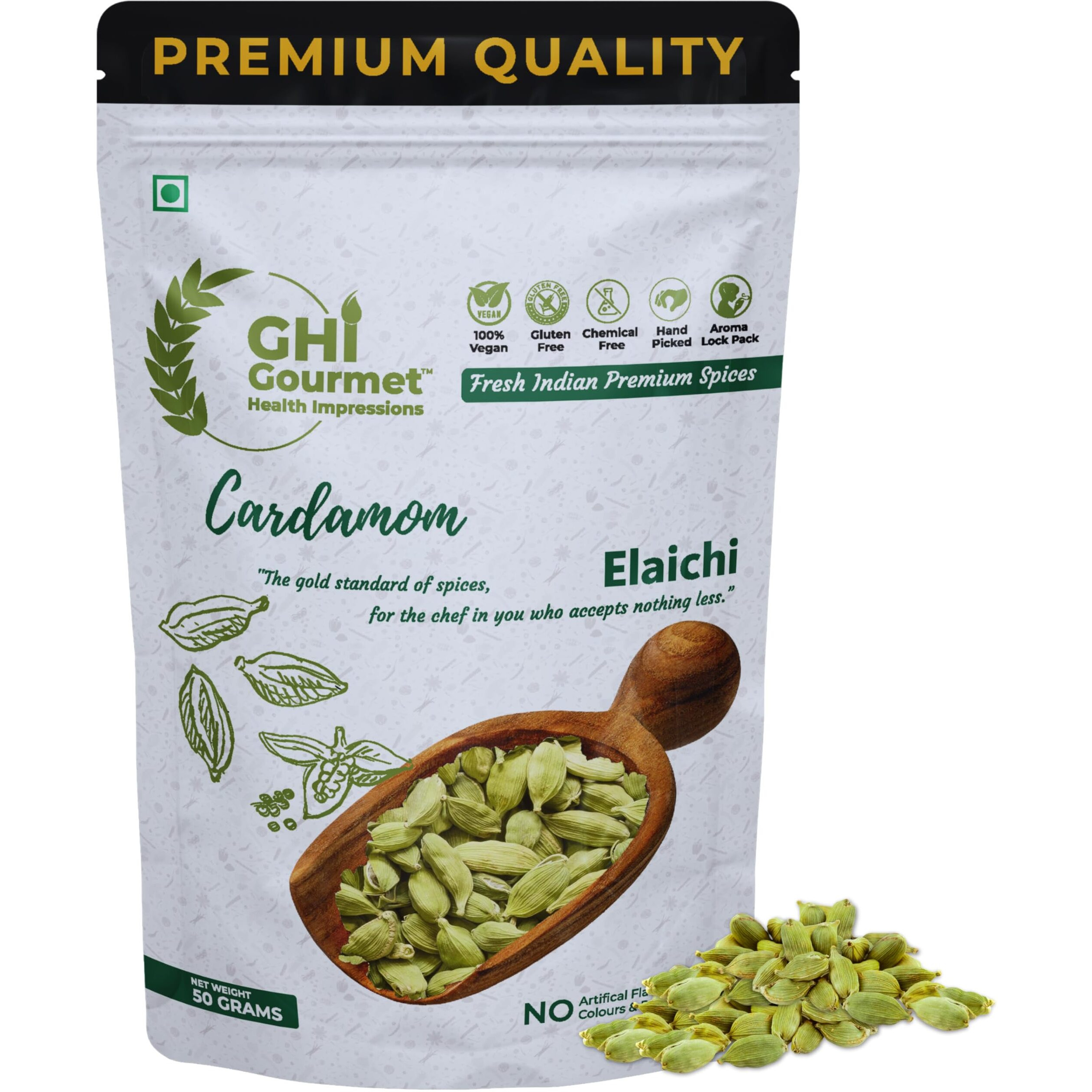 GOURMET HEALTH IMPRESSIONS Superior Grade Whole Green Cardamom (Elaichi) 50g - 8MM BOLD Size | Large Size | Aromatic Green Pods, Non-GMO - Perfect for Culinary & Aromatic Uses | GHI Foods