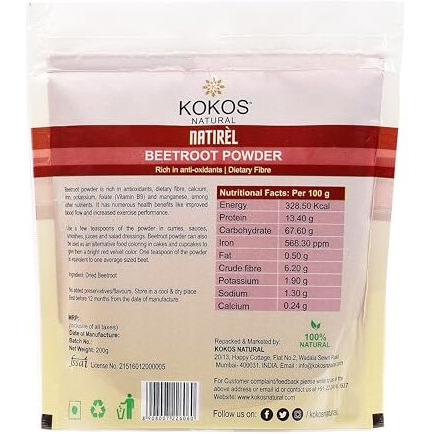 Kokos Natural Beetroot Powder 200 Gm | Natural, Rich in Antioxidants, Improves Blood Flow & Exercise Performance | Use in Soups, Curries, Smoothies, Cakes, Pancakes | Natural Food Colour