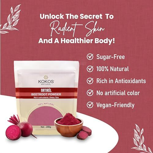 Kokos Natural Beetroot Powder 200 Gm | Natural, Rich in Antioxidants, Improves Blood Flow & Exercise Performance | Use in Soups, Curries, Smoothies, Cakes, Pancakes | Natural Food Colour