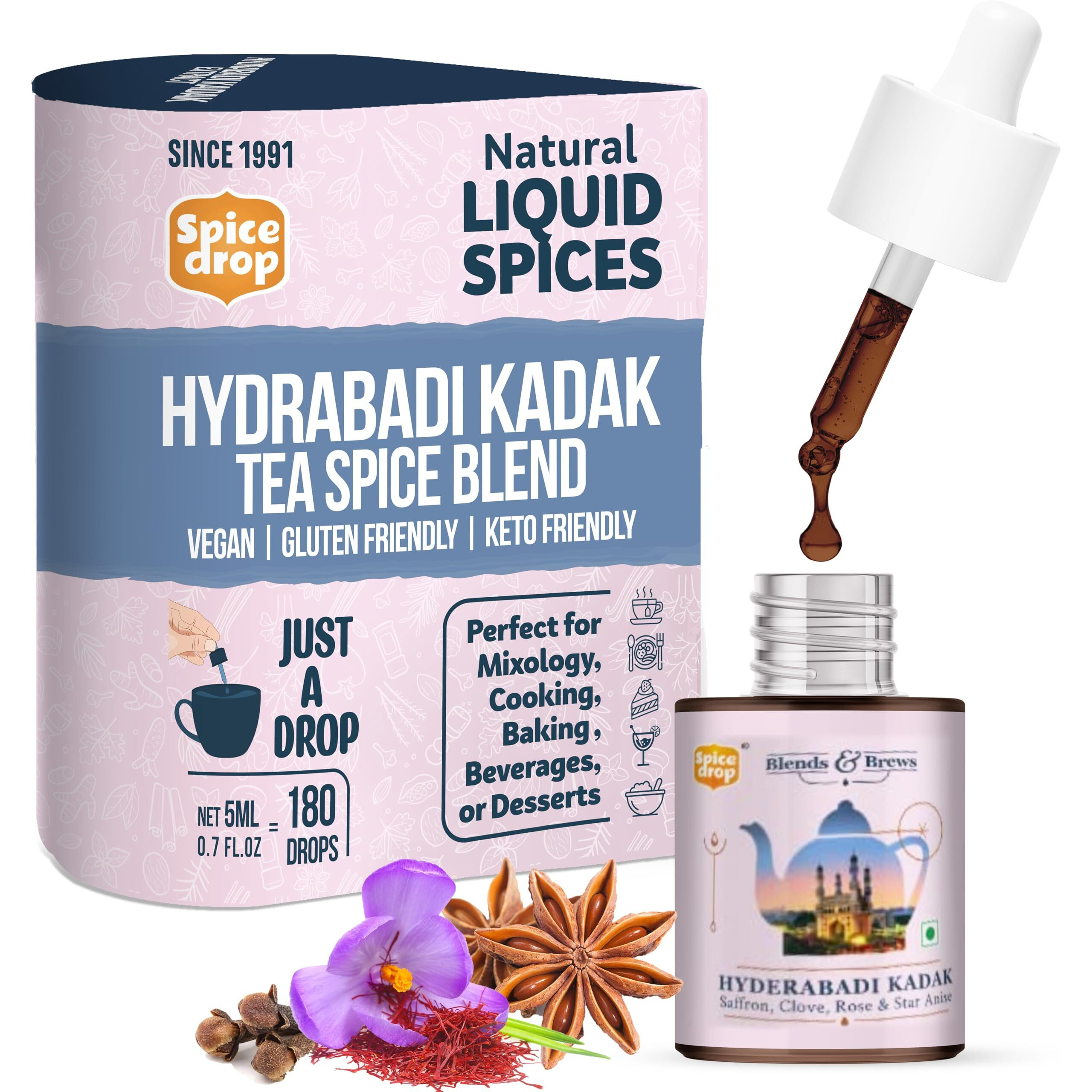 Spice Drop Hyderabadi Kadak Chai Masala Extract | Tea Masala Drops |Authentic Indian Recipe| No preservative | 5 ML (Pack of 1 x 180 Drops)| 1 drop per cup | 5ML equals 125 grams of powder