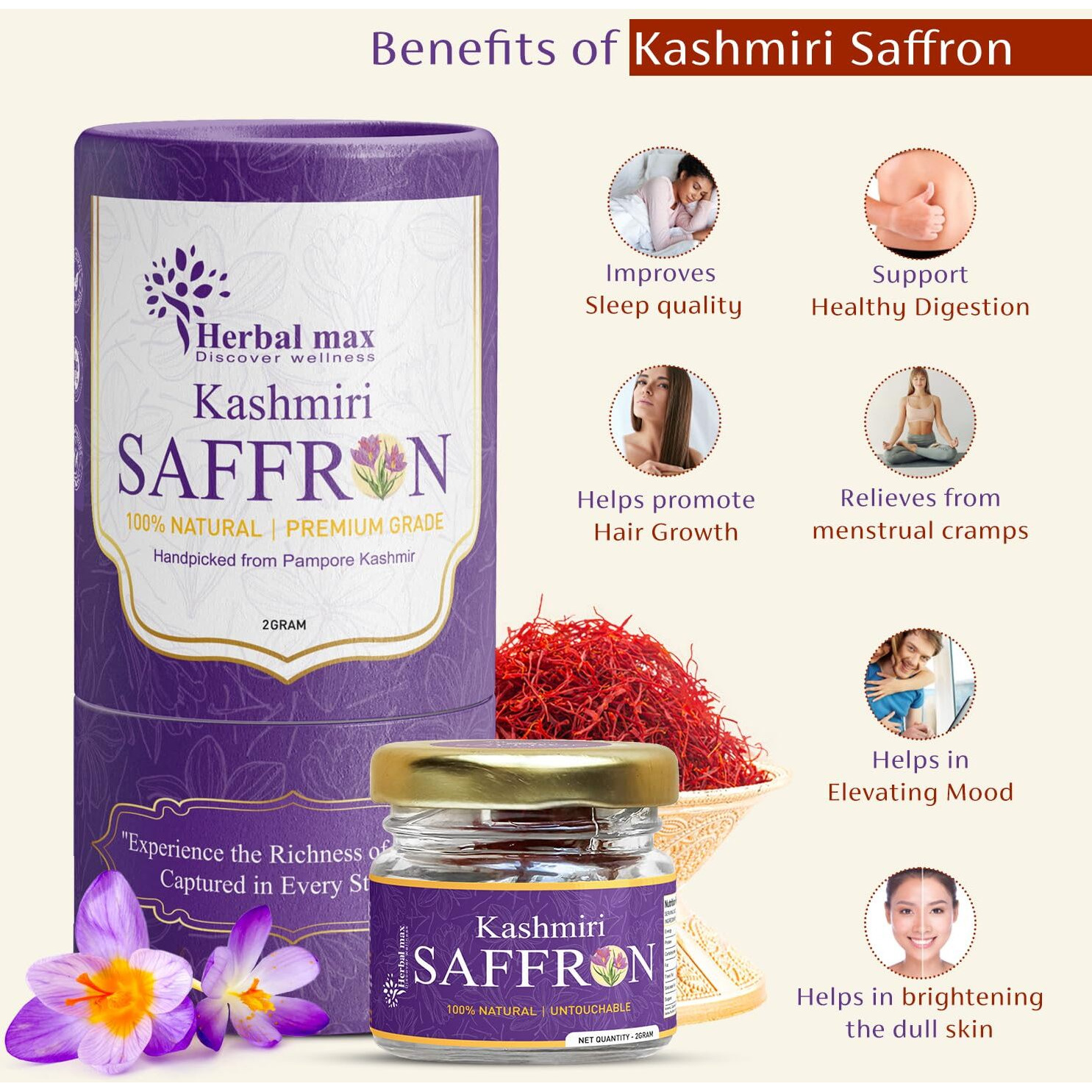 Herbal max Kashmiri Mongra Saffron Kesar, 2g | A+++ Grade | For Food, Cooking, Sweets Personal Use | Natural Jaffran Leaves