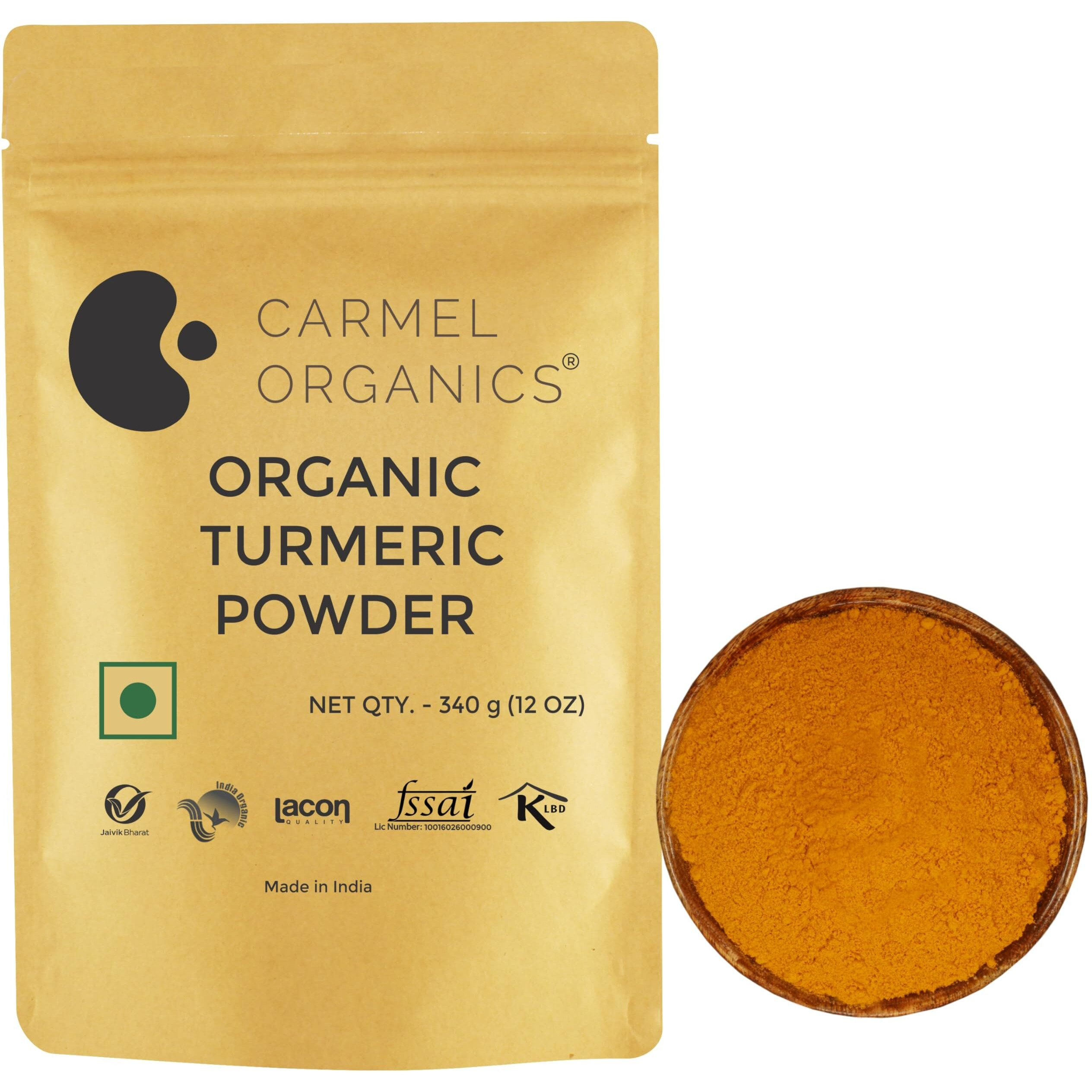 CARMEL ORGANICS Turmeric Root Powder(340 g (Pack of 1))| Haldi Powder | Jaivik Bharat Certified | Non-GMO | Chemical Free & Pesticides Free | No Added Preservative | Manjal Podi/Pasupu Podi