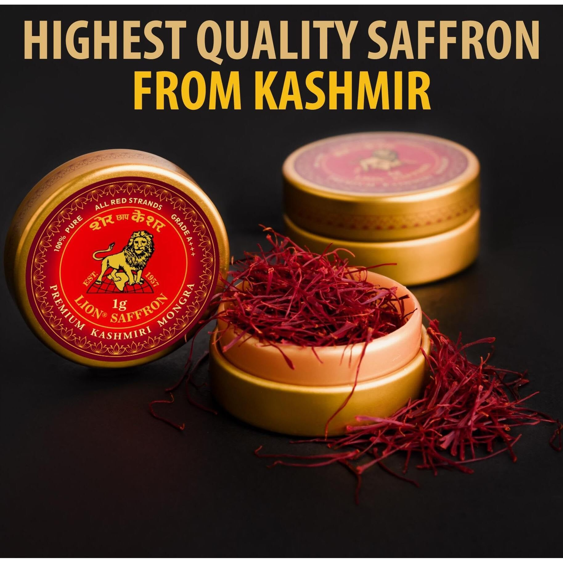 Lion Brand Saffron, 3g, Premium Kashmiri Mongra Saffron/Kesar (A+++ Highest Grade) for Pregnant Women, Biryani, Beauty, Cooking and Sweets (Pack of 3, 3 X 1gm  3grams)