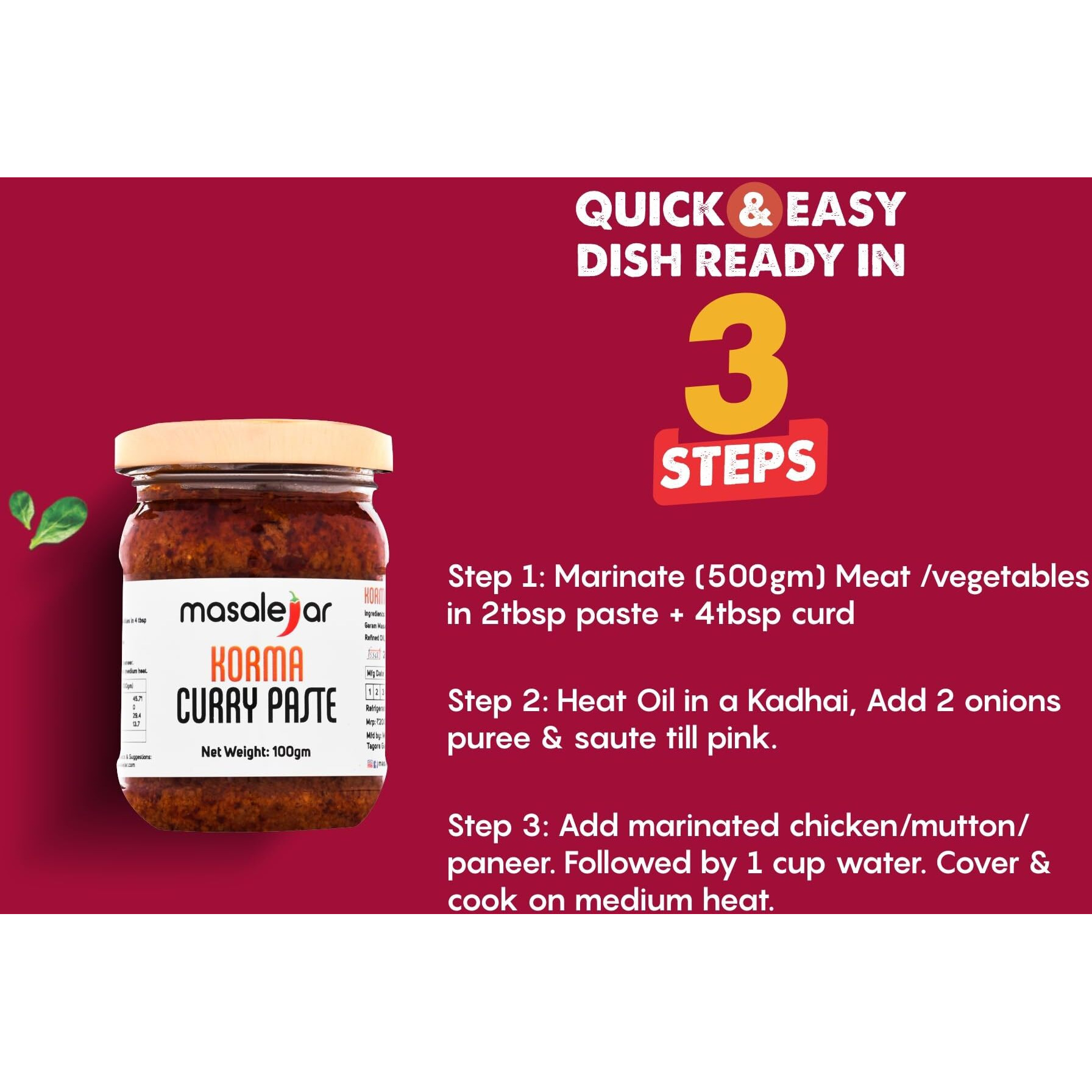 Masalejar Korma Curry Paste | Ready to Cook Spice Mix | Just Mix & Cook | Korma Masala | Chicken Masala | Chicken Korma Masala | Veg Korma Masala | Pack of 1X100 Gram