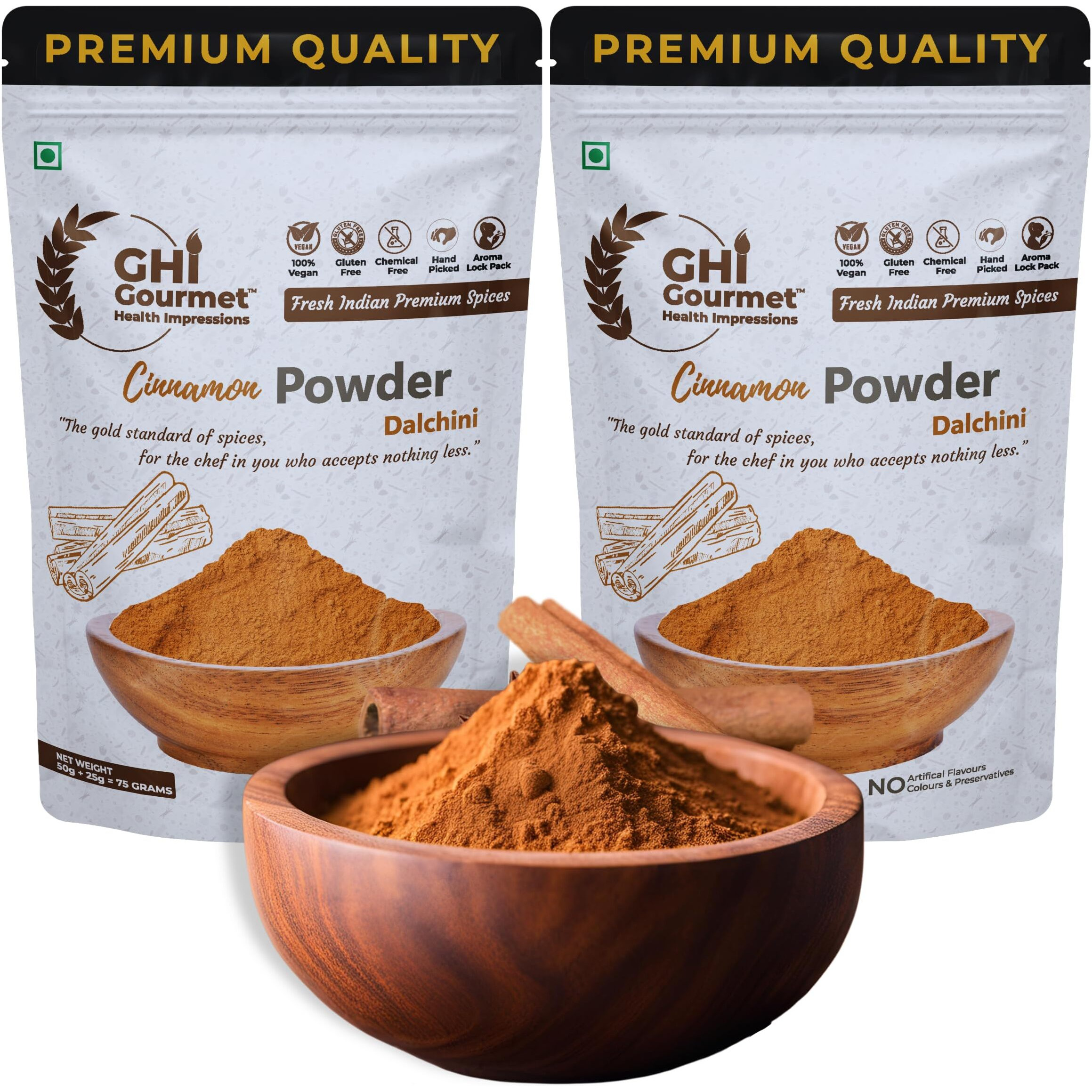 GOURMET HEALTH IMPRESSIONS Superior Grade Cinnamon (Dalchini) Powder 150g | Pack of 2 x 75g - Richly Aromatic, Finely Ground, Non-GMO - Perfect for Baking & Spicing Up Dishes | GHI Foods