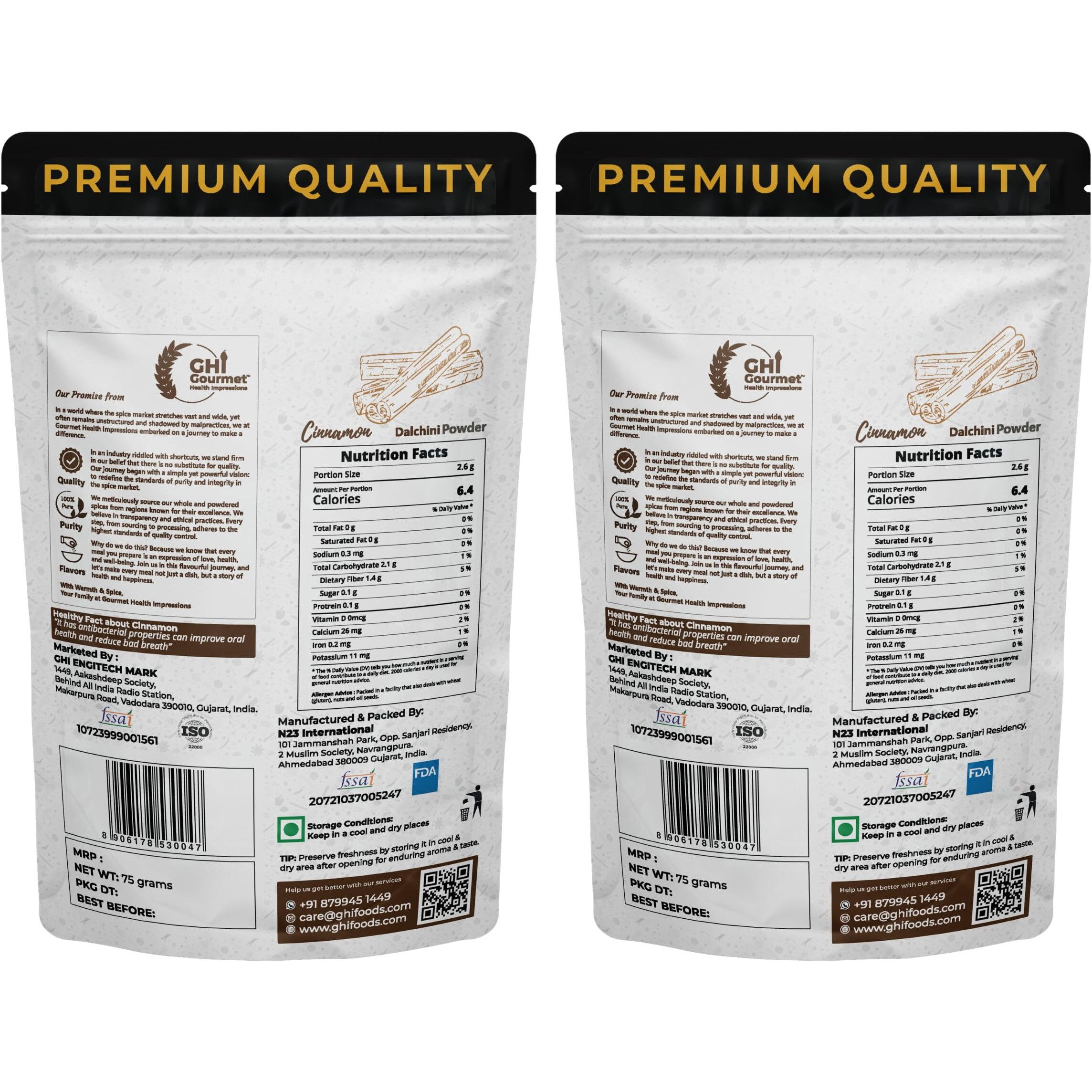 GOURMET HEALTH IMPRESSIONS Superior Grade Cinnamon (Dalchini) Powder 150g | Pack of 2 x 75g - Richly Aromatic, Finely Ground, Non-GMO - Perfect for Baking & Spicing Up Dishes | GHI Foods