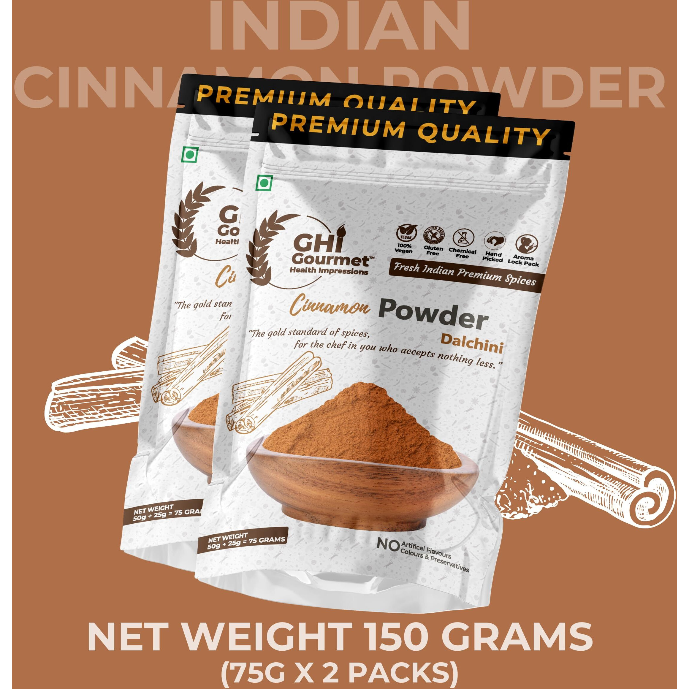 GOURMET HEALTH IMPRESSIONS Superior Grade Cinnamon (Dalchini) Powder 150g | Pack of 2 x 75g - Richly Aromatic, Finely Ground, Non-GMO - Perfect for Baking & Spicing Up Dishes | GHI Foods