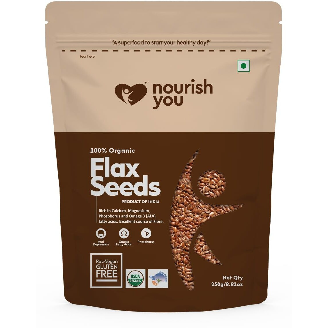 Nourish You Flax Seeds 250g - Alsi Seeds | 100% Organic Flax Seeds for Hair Growth | Raw Seeds for Eating | Source of Iron & Dietary Fibre | Rich in Protein