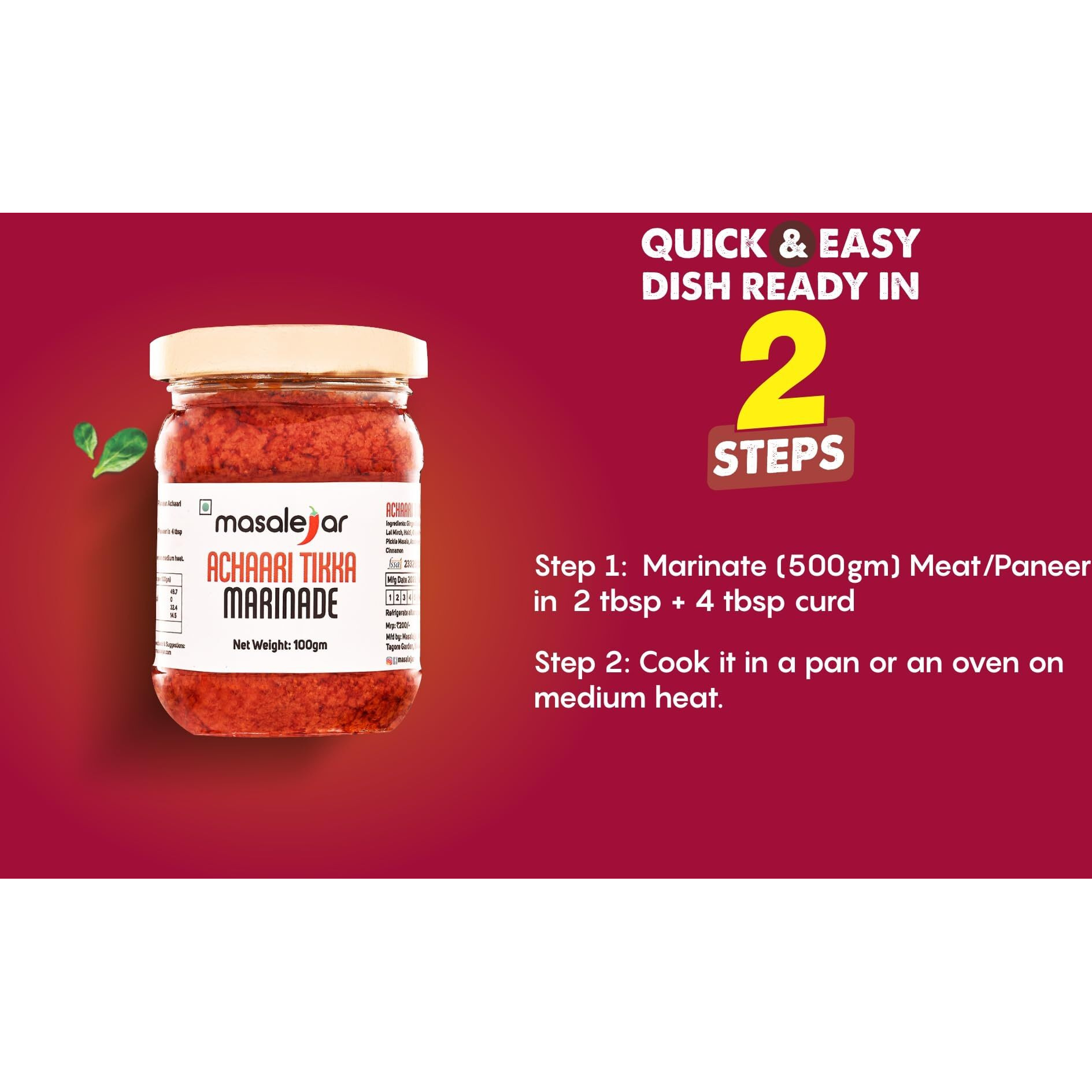 Masalejar Ready to Cook Achaari Tikka Masala Marinade Spice Mix 100gm Serves 4-5 | Chicken Masala | Panner Masala | Mushroom Soya Masala | Fish Masala | Just Mix & Cook | No added Preservatives (Pack of 1)