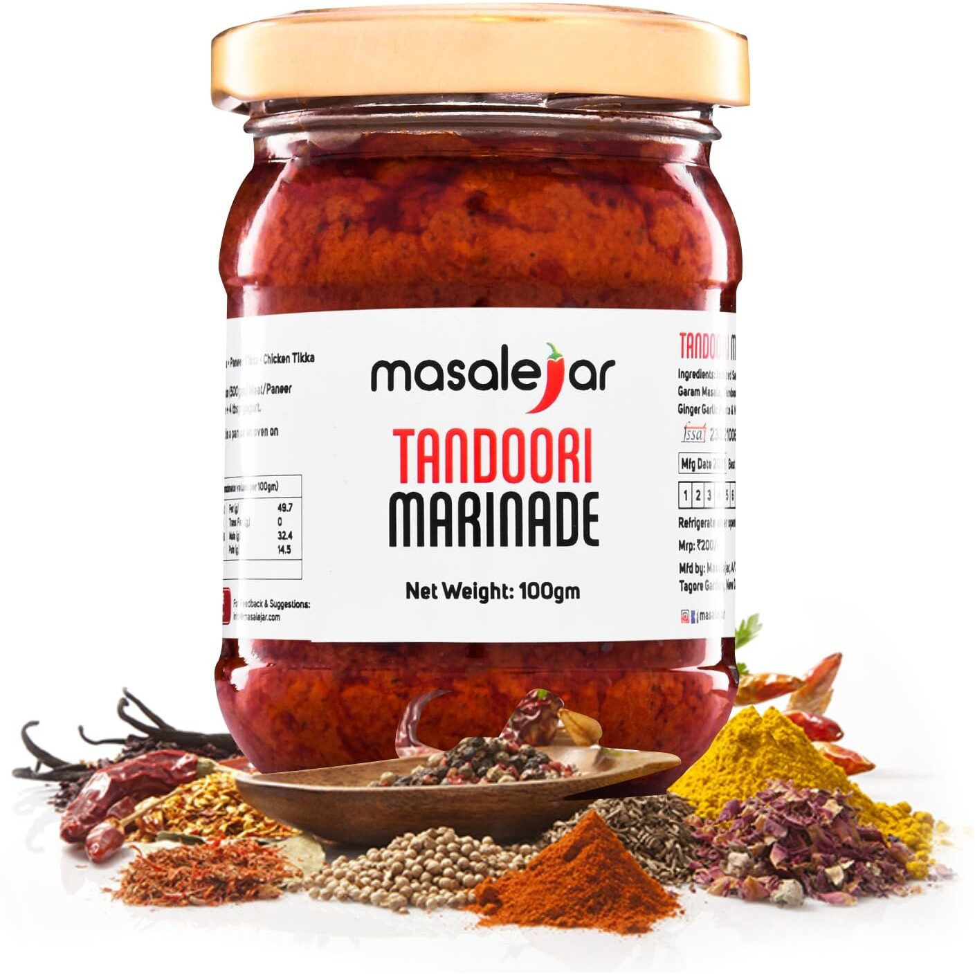 masalejar Tandoori Marinade|Ready To Cook|Smoky Tandoori Masala|Chicken Masala|Fish Masala|Paneer Tikka Masala|Mushroom Masala|Cholesterol & Trans Fat Free (Pack Of 1 X 100 Gram) (Serve 3-4 People)