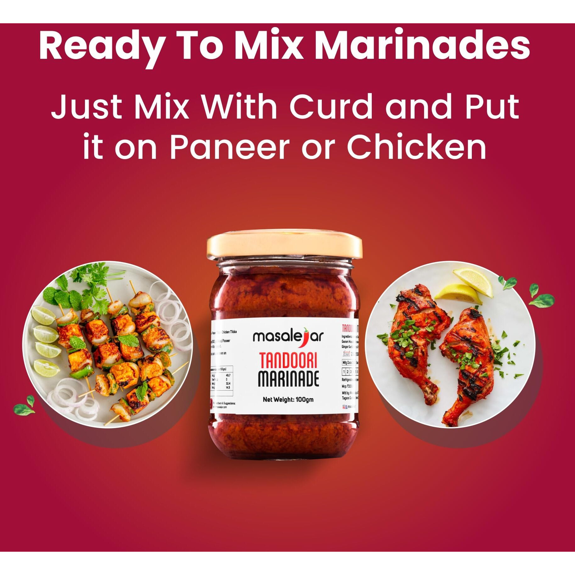 masalejar Tandoori Marinade|Ready To Cook|Smoky Tandoori Masala|Chicken Masala|Fish Masala|Paneer Tikka Masala|Mushroom Masala|Cholesterol & Trans Fat Free (Pack Of 1 X 100 Gram) (Serve 3-4 People)