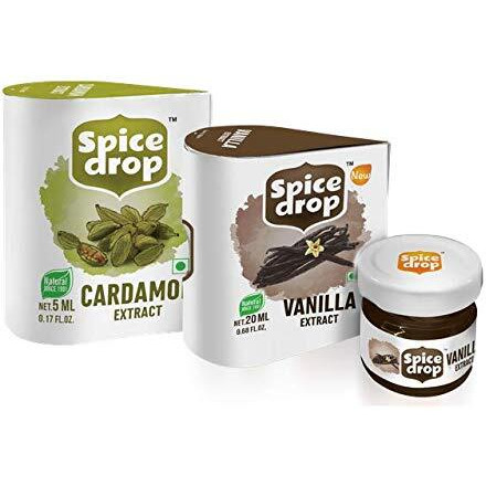 Spice Drop Bakery Combo | Natural Extract Of Cardamom 5ML (Elaichi) & Vanilla Extract 20ML| Extract For Coffee, Food and Cakes | Vegan | No Added Preservatives | Non-Alcohol | Paleo Friendly | Non-GMO