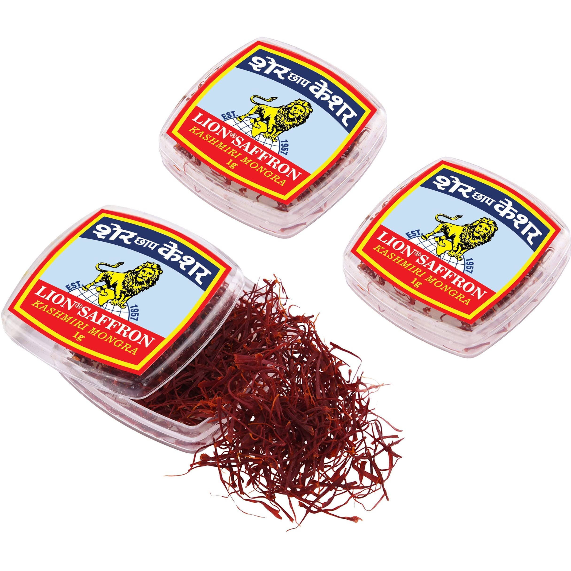 Lion Brand Saffron, 3g, Original (Value Pack) Kashmiri Mongra Saffron/Kesar for Pregnant Women, Pooja, Biryani, Tilak, Milk, Skin and Face (Pack of 3 X 1gram  3grams)