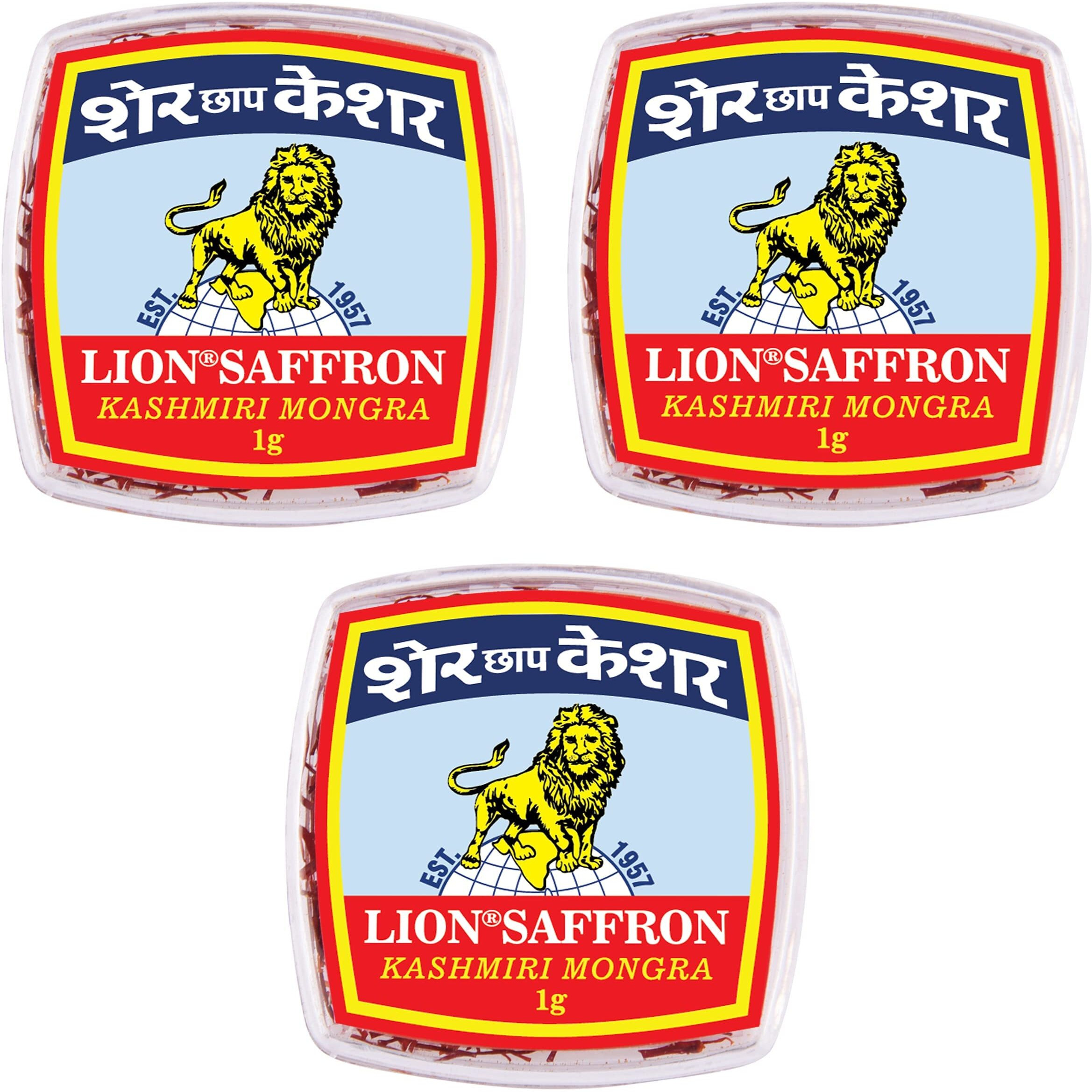 Lion Brand Saffron, 3g, Original (Value Pack) Kashmiri Mongra Saffron/Kesar for Pregnant Women, Pooja, Biryani, Tilak, Milk, Skin and Face (Pack of 3 X 1gram  3grams)