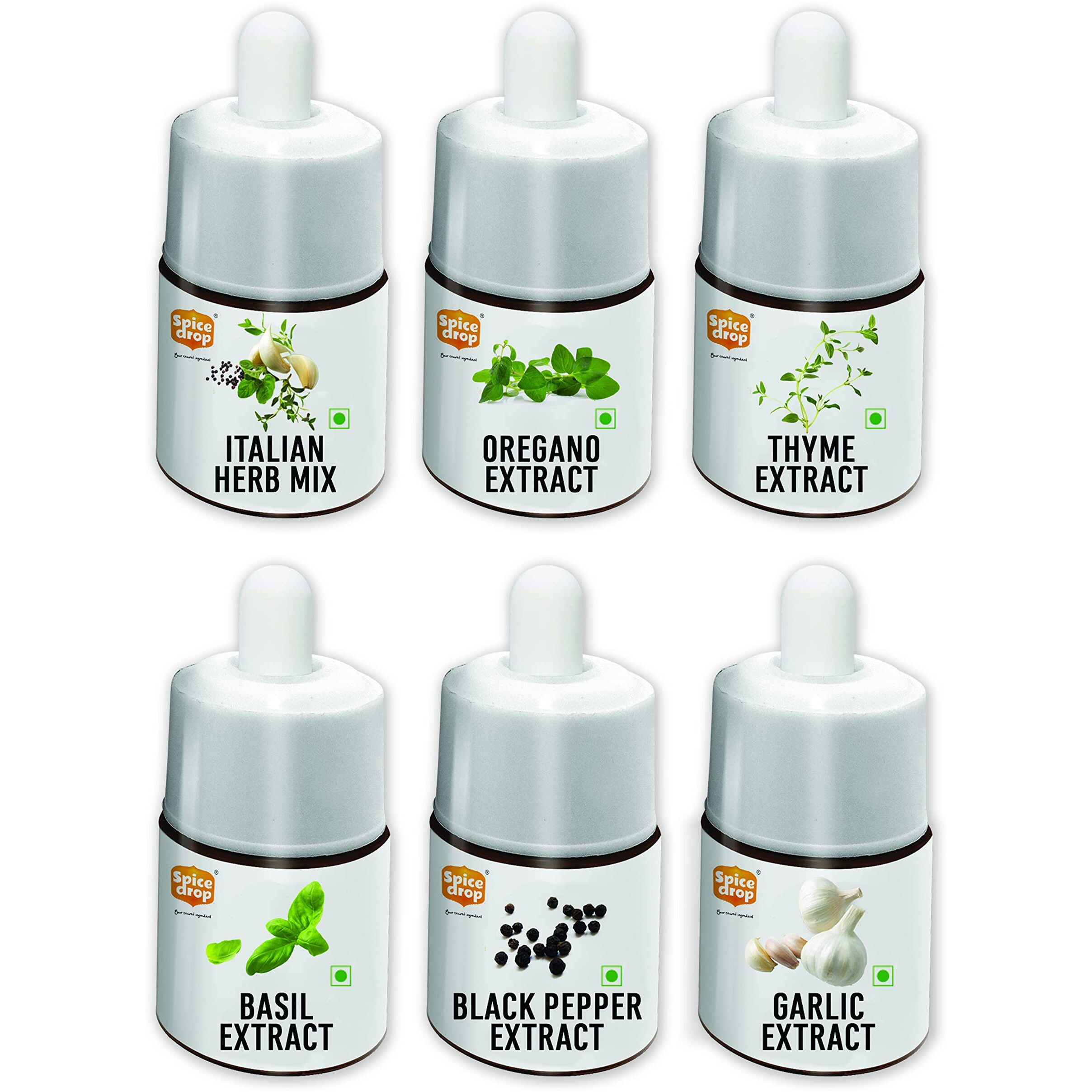 Spice Drop Set of 6 Assorted Herb Extract | Italian Seasoning, Oregano, Thyme, Basil, Black Pepper, Garlic | Natural, No Added Preservative or Color | Essential Spice Gift Pack | 5ml x 6 Bottles