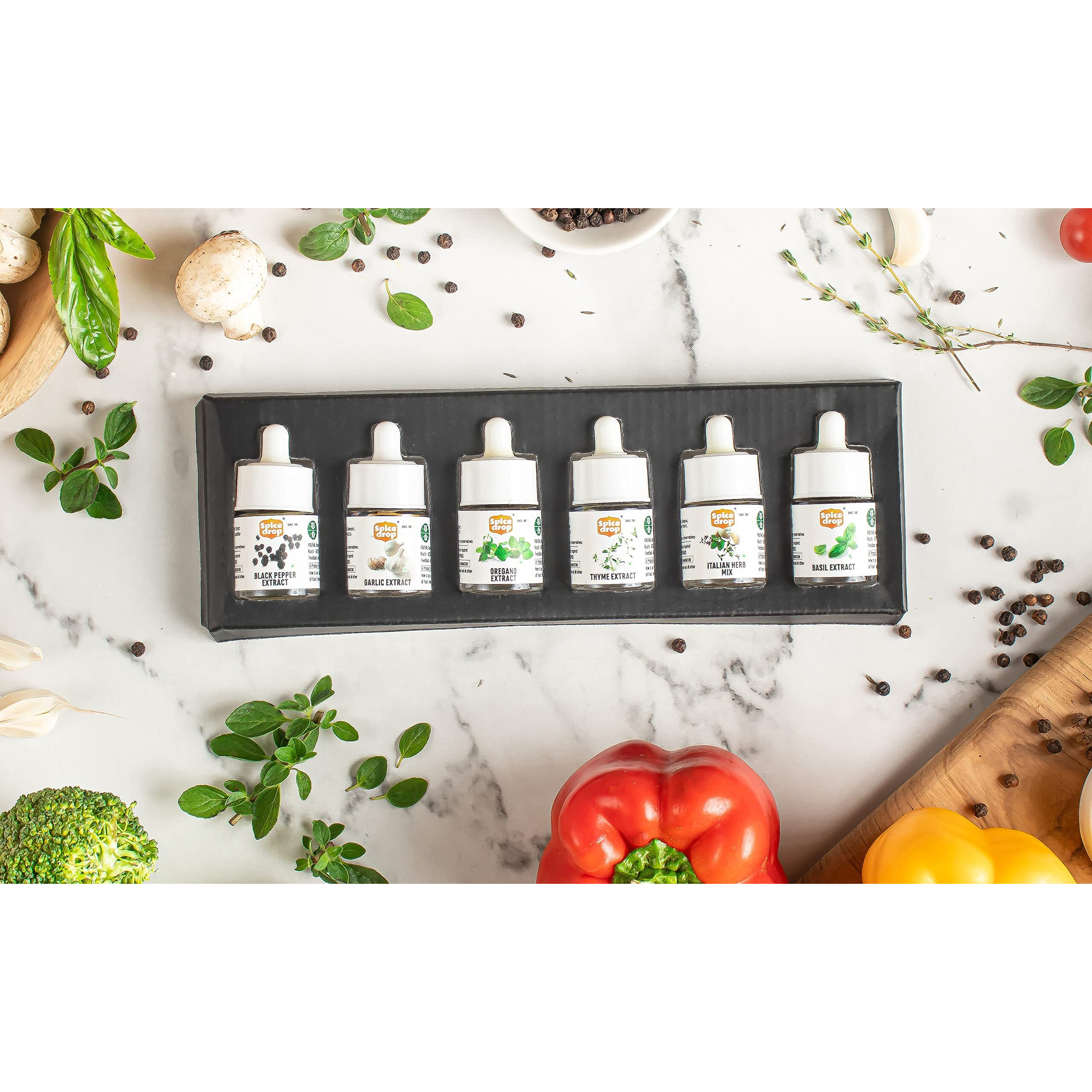 Spice Drop Set of 6 Assorted Herb Extract | Italian Seasoning, Oregano, Thyme, Basil, Black Pepper, Garlic | Natural, No Added Preservative or Color | Essential Spice Gift Pack | 5ml x 6 Bottles