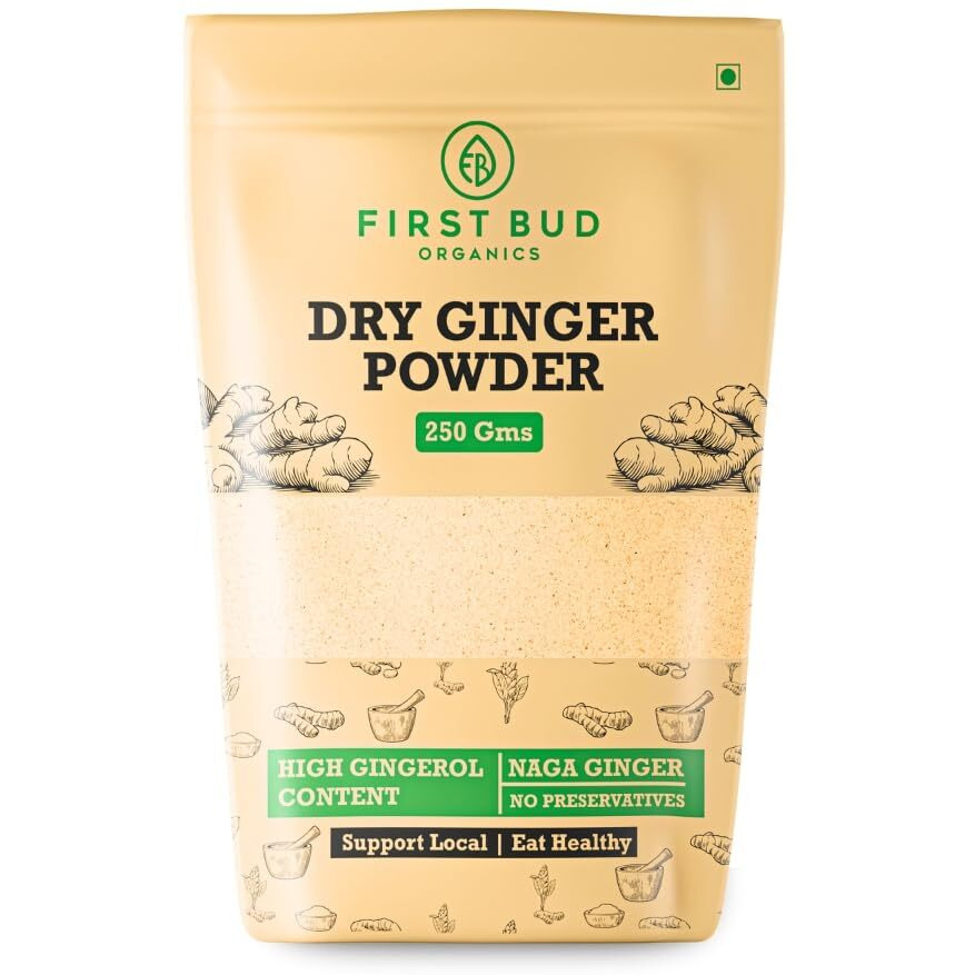 First Bud Organics Dry Ginger Powder - 250gm | Organic Ginger Powder With High Gingerol Content | Non GMO, Gluten Free & No Preservatives | Perfect For Cooking, Baking, Smoothies, and Teas