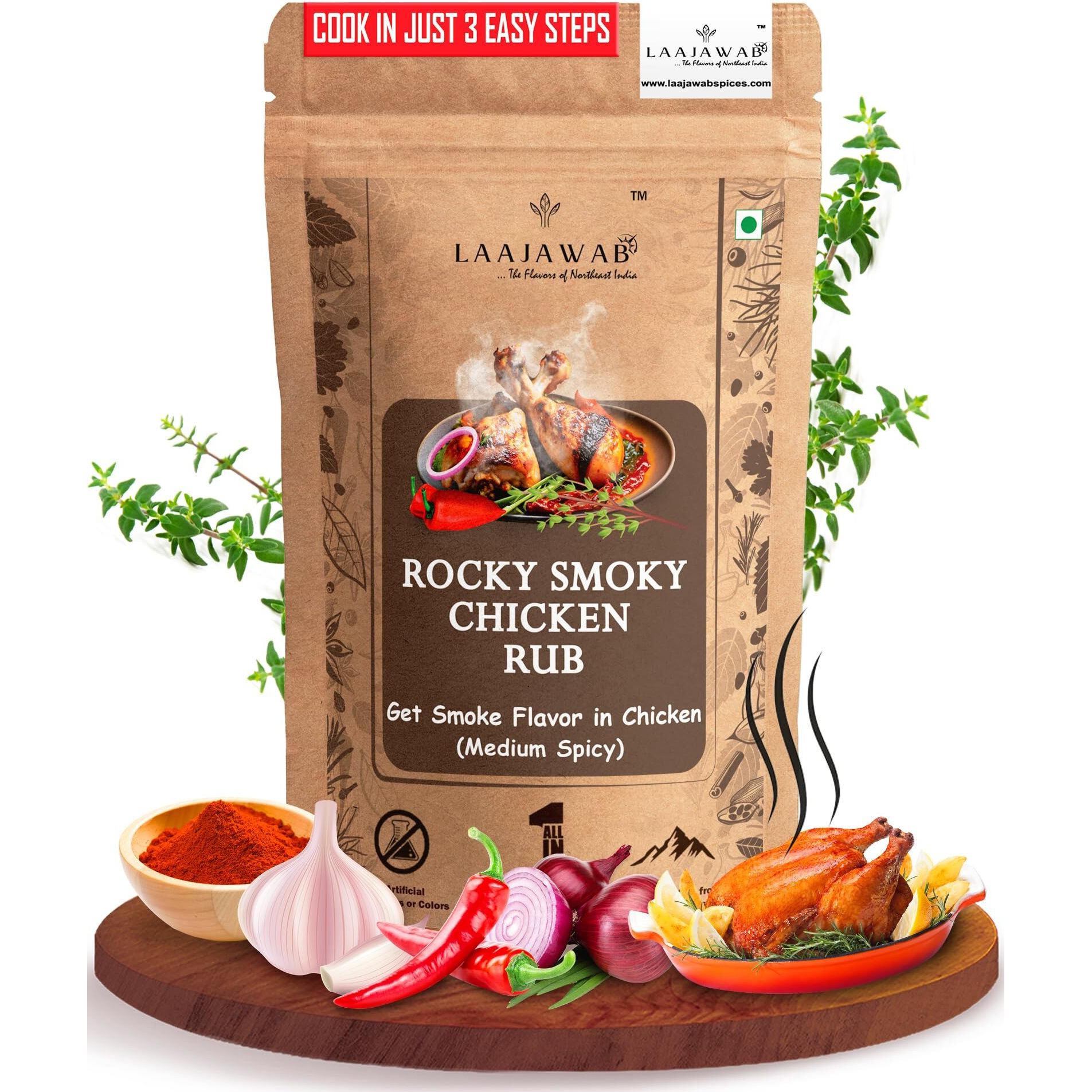 Laajawab Smoky Chicken Marinade Rub with Robust Blend of Smoked Paprika, Garlic, Onion, Thyme & Red Chilli | Make Delicious BBQ Chicken in 3 Easy Steps, Get Smoke Flavor in Chicken Instantly, 130g