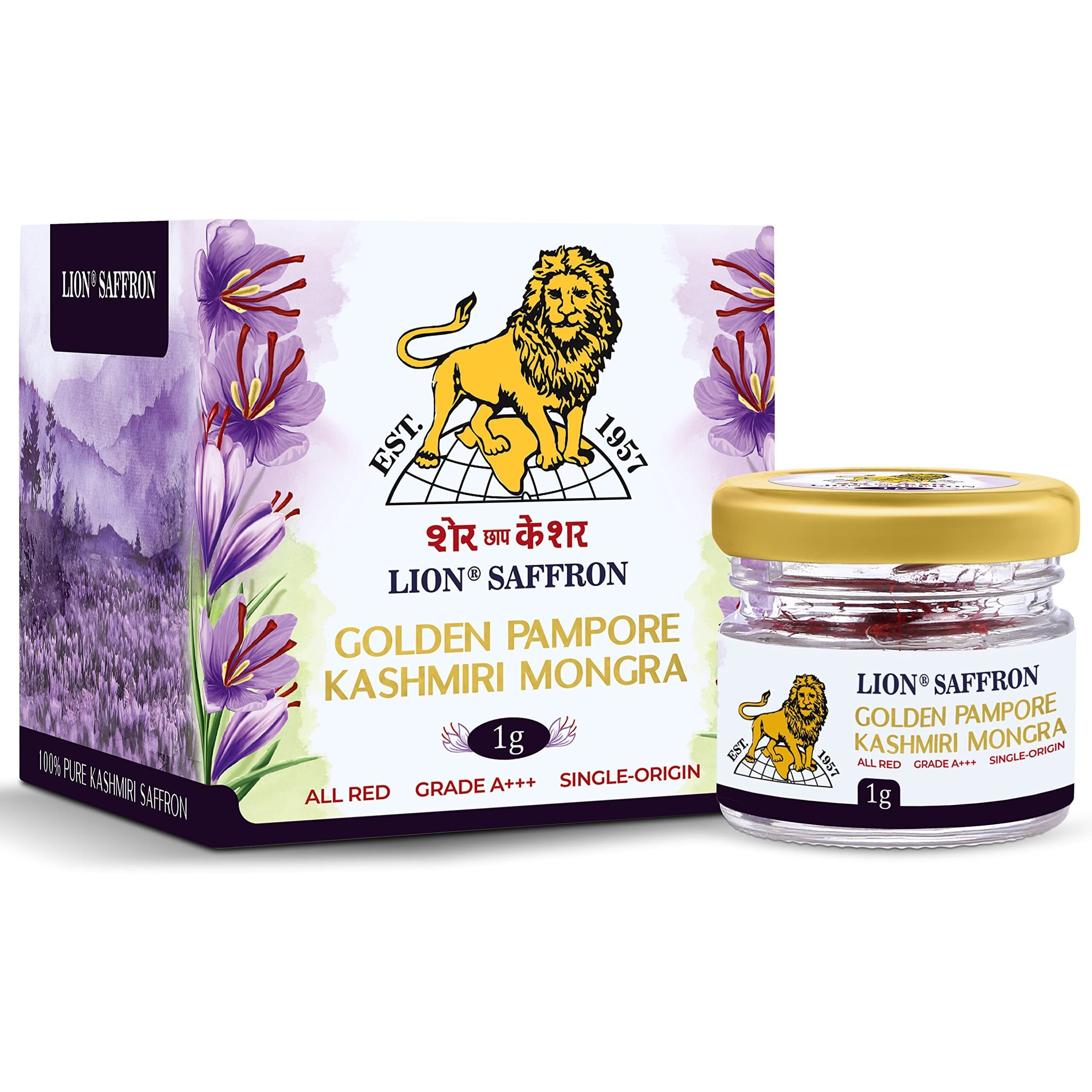 LION BRAND SAFFRON, 1g, Grade A+++ Kashmiri Mongra Kesar/Keshar/Saffron for Pregnant Women, Biryani, Cooking, Sweets and Beauty (From Pampore, Kashmir)(Pack of 1, 1gram)