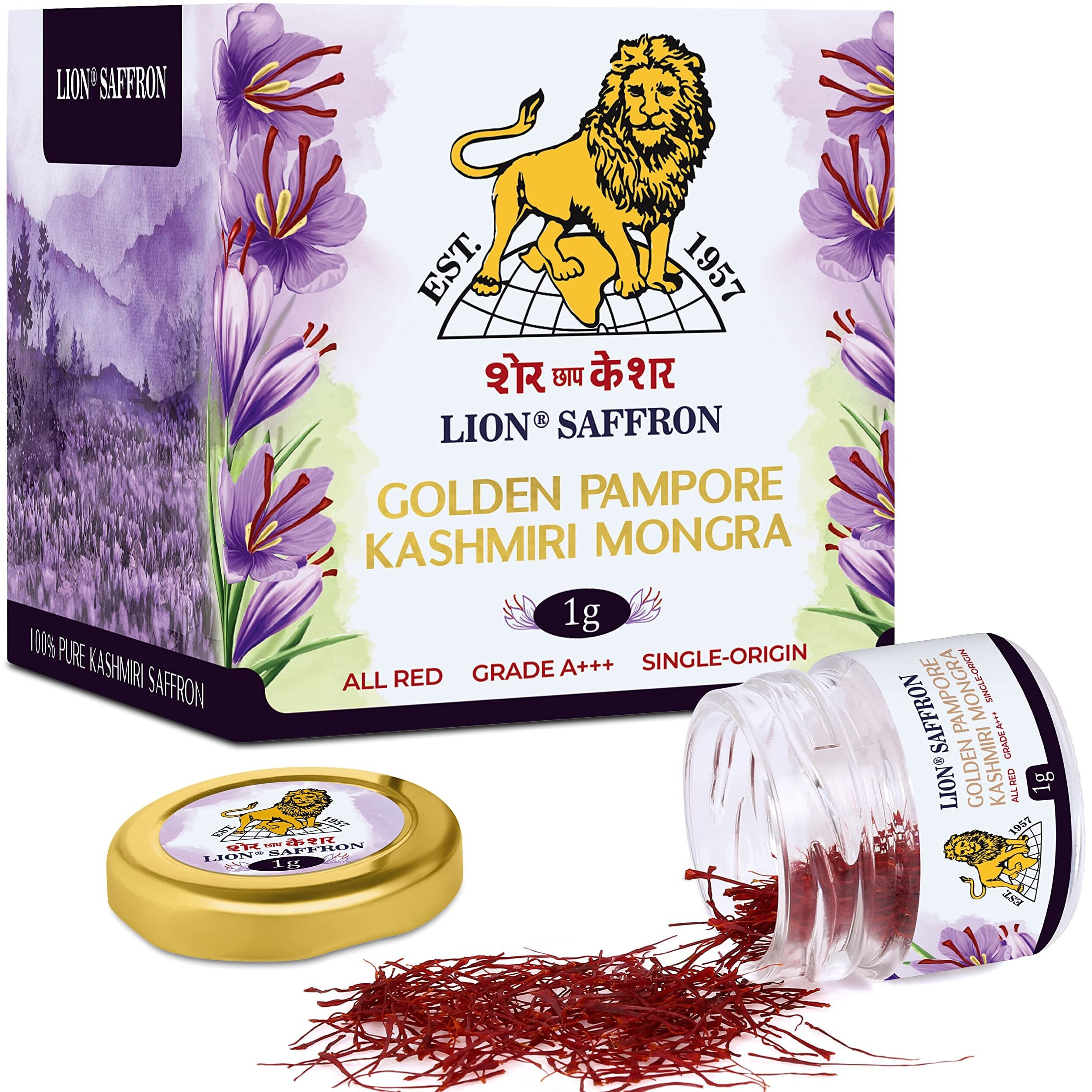 LION BRAND SAFFRON, 1g, Grade A+++ Kashmiri Mongra Kesar/Keshar/Saffron for Pregnant Women, Biryani, Cooking, Sweets and Beauty (From Pampore, Kashmir)(Pack of 1, 1gram)