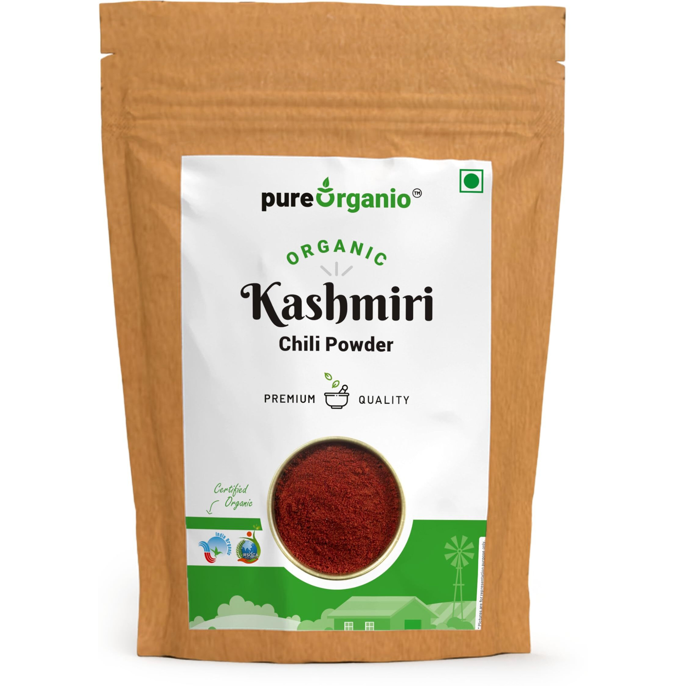 Pure Organio Organic Kashmiri Chilli Powder - Premium, Authentic, Hand-Pounded, Fresh Lal Mirch Spice - Deep Red Colour, Mild Flavor (350 Gm)