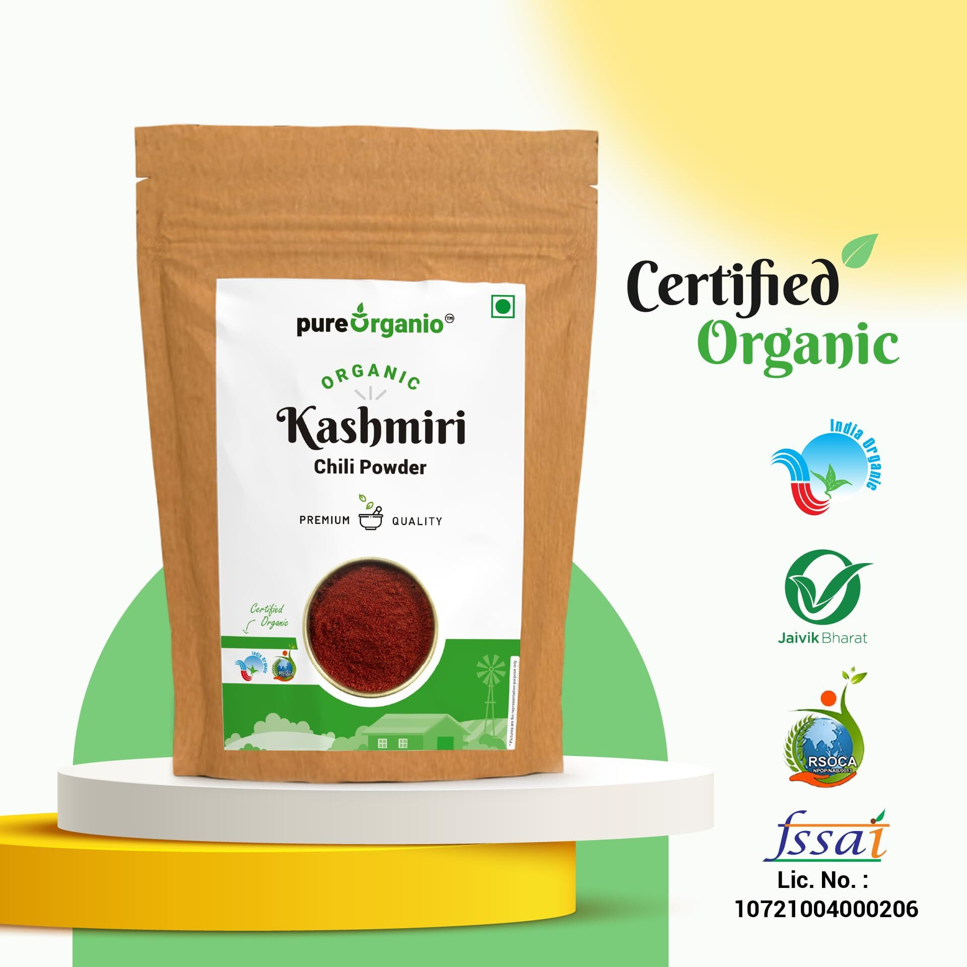 Pure Organio Organic Kashmiri Chilli Powder - Premium, Authentic, Hand-Pounded, Fresh Lal Mirch Spice - Deep Red Colour, Mild Flavor (350 Gm)