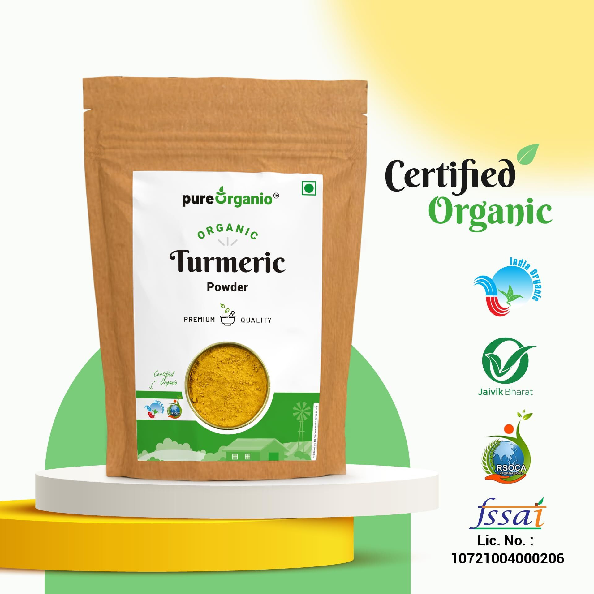 Pure Organio Organic Turmeric Powder, Haldi Powder Organic, Ideal for Eating, Drinking, Cooking - Natural, Fresh Turmeric Root Powder Indian Organic NPOP Certified (100 Gm)