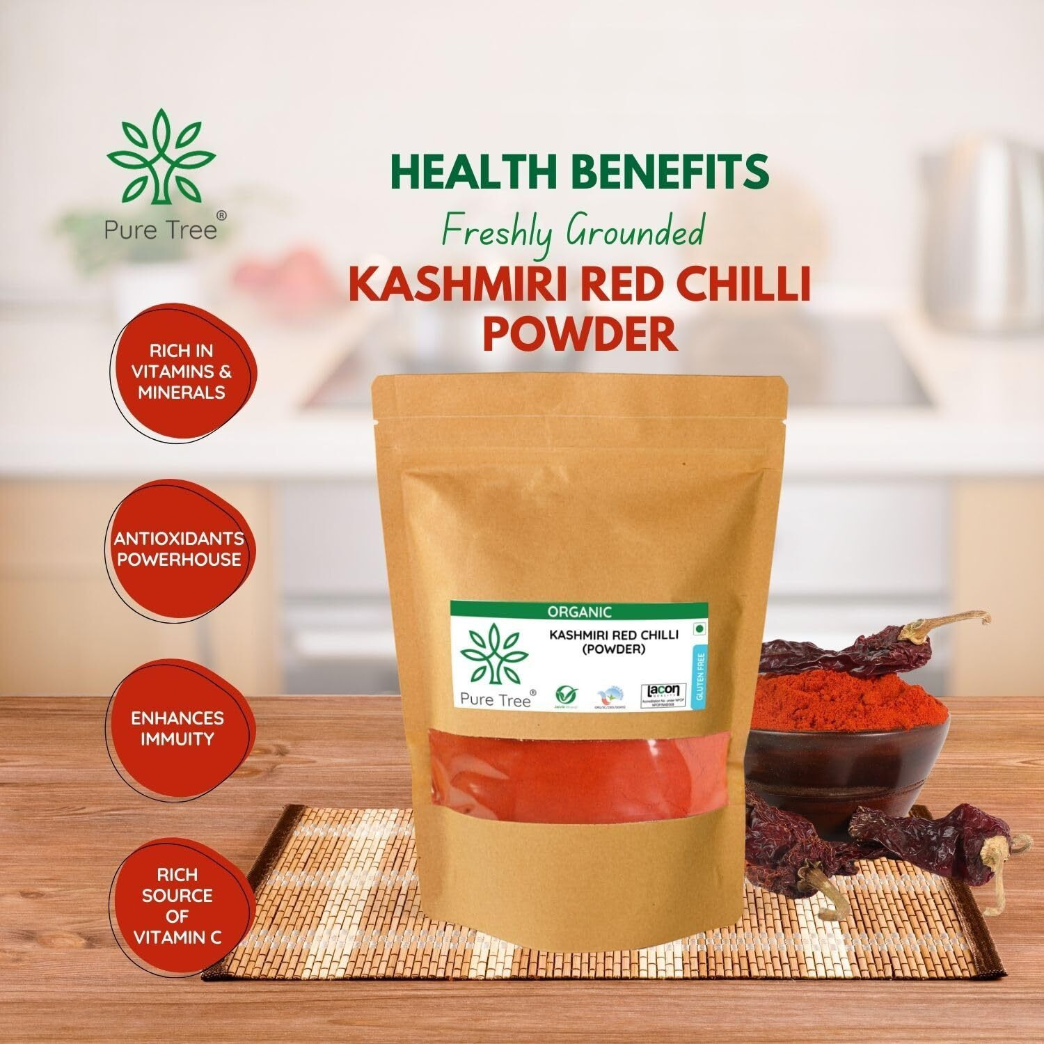 Pure Tree Certified Organic Kashmiri Red Chilli Powder | 900 g | Kashmiri Lal Mirch Powder | Organic Red Chilli Powder | Kashmiri Laal Mirch gives Vibrant Red Color & Mild Heat to your dishes