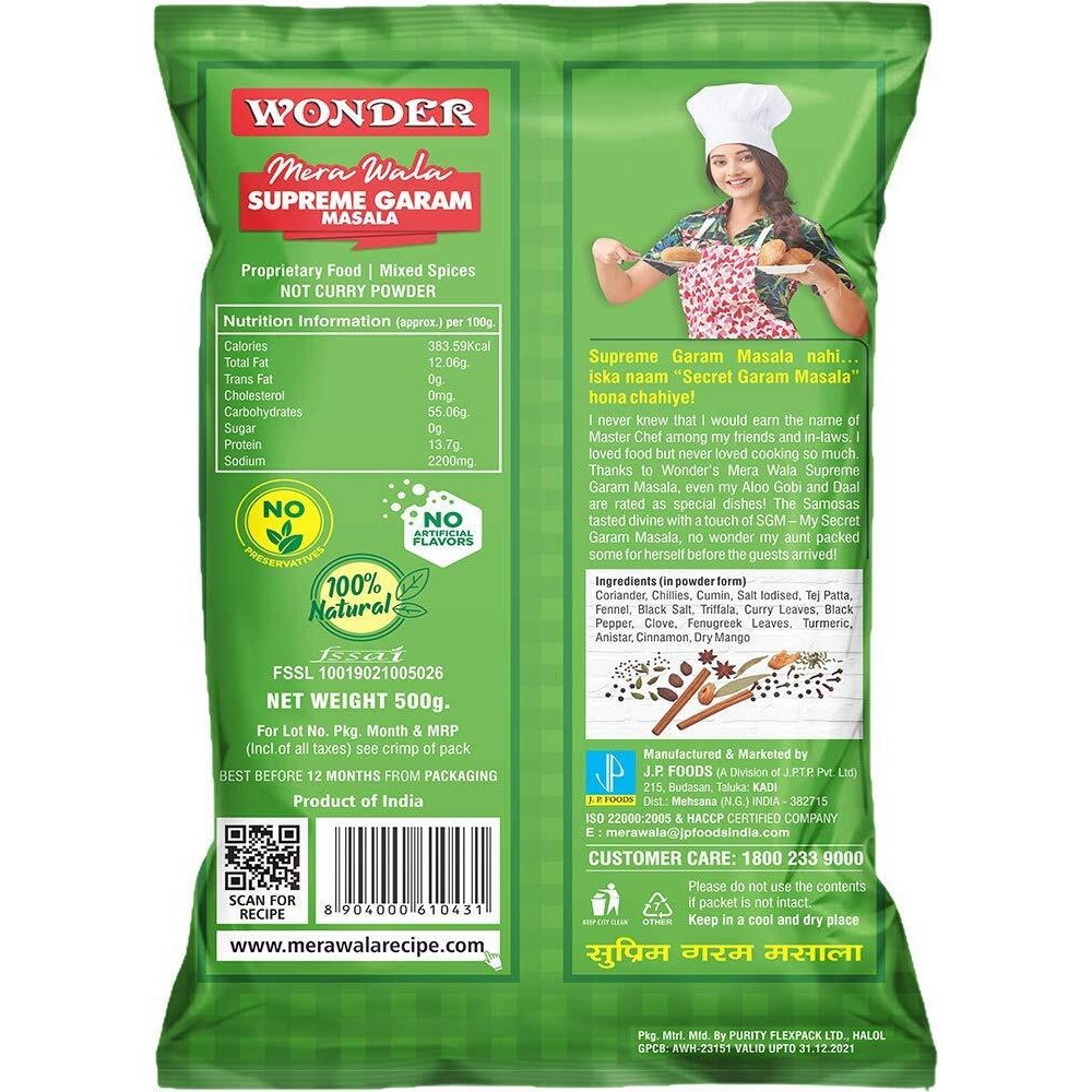 WONDER Mera Wala Supreme Garam Masala Powder, 500Gm / Aromatic Blended Spices/For Delicious & Flavourful Cooking/No Artificial Flavour Added - Vegetable Masala