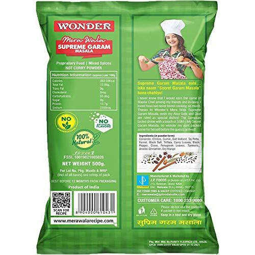 WONDER Mera Wala Supreme Garam Masala Powder, 500Gm / Aromatic Blended Spices/For Delicious & Flavourful Cooking/No Artificial Flavour Added/No Preservatives - Vegetable Masala