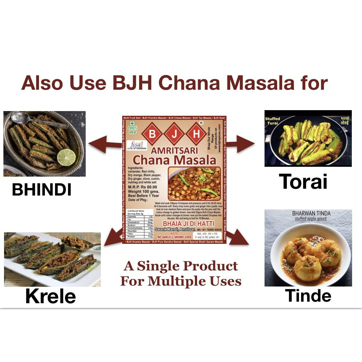 BJH Chana Masala Or Chole Masala (Pack Of 3 X 100Gms) (Also As Bharwa Masala In Bhindi,Krele,Torai,Tinde), Vegetable Masala