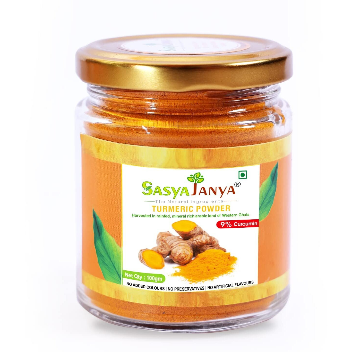 SASYAJANYA - Pure Organic Turmeric Powder 100gm | High curcumin 9% | Harvested in arable land of Western Ghats | Natural Haldi for Milk, Face and Cook (100g)