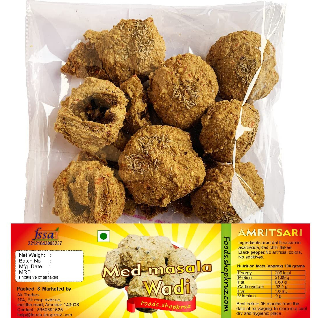 Foods.shopkruz Amritsari Medium Spicy masala wadi 400 grams urad dal badi