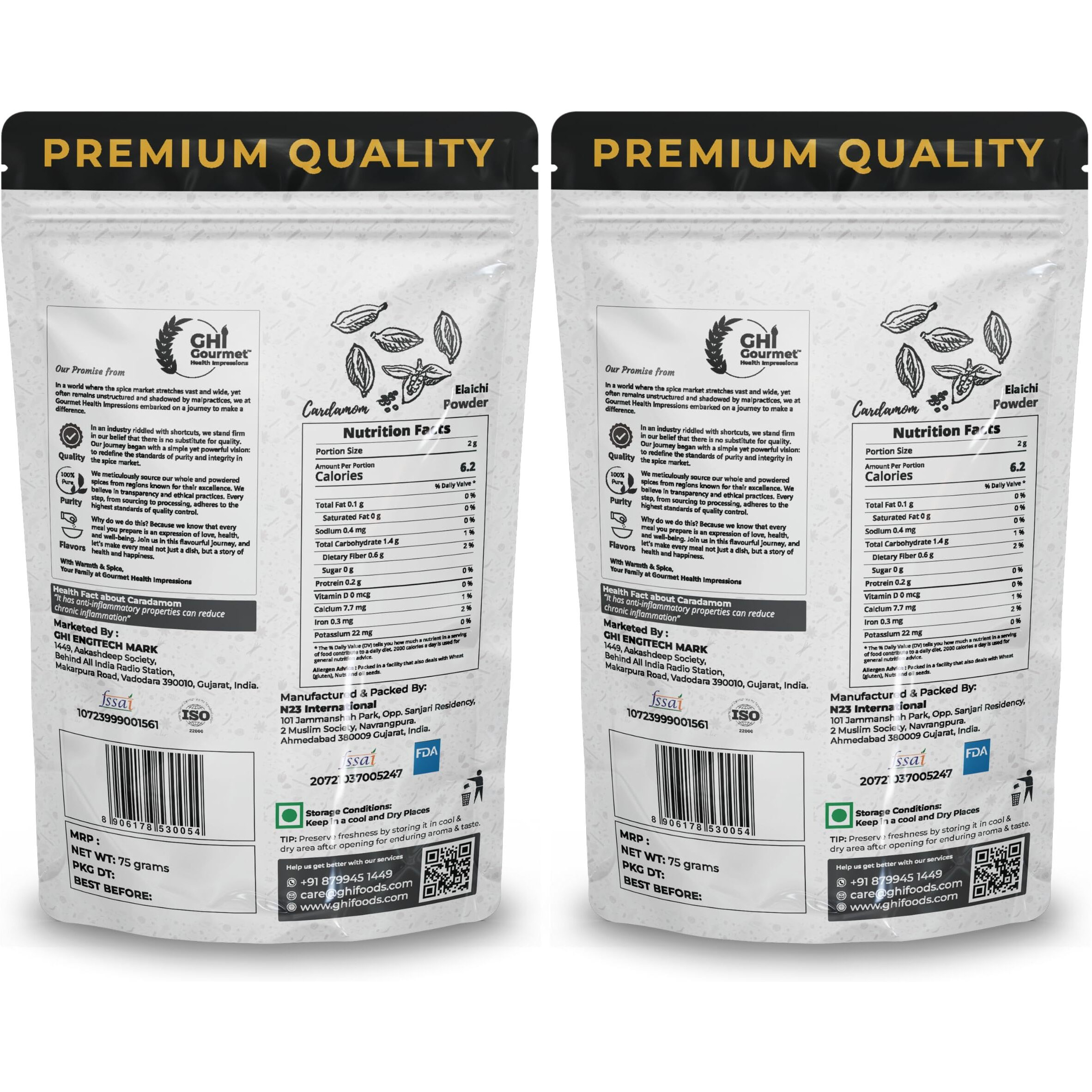 GOURMET HEALTH IMPRESSIONS Superior Grade Cardamom (Elaichi) Powder 150g | Pack of 2 x 75g | - Intensely Aromatic, Finely Ground, Non-GMO - Ideal for Exquisite Flavoring | GHI Foods | GHI Spices