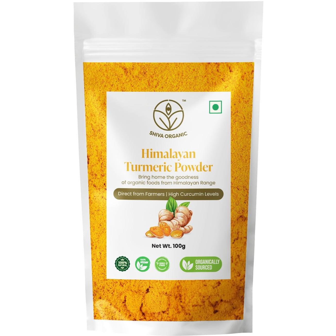 Shiva Organic Himalayan Turmeric Powder/Haldi 100g - High Curcumin level - Preservative/Chemical Free