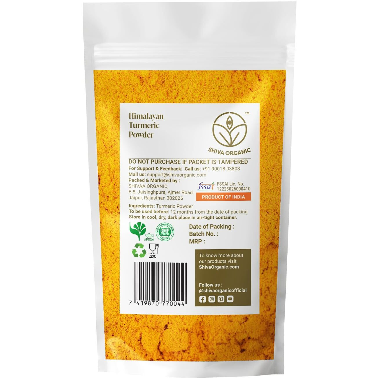 Shiva Organic Himalayan Turmeric Powder/Haldi 100g - High Curcumin level - Preservative/Chemical Free