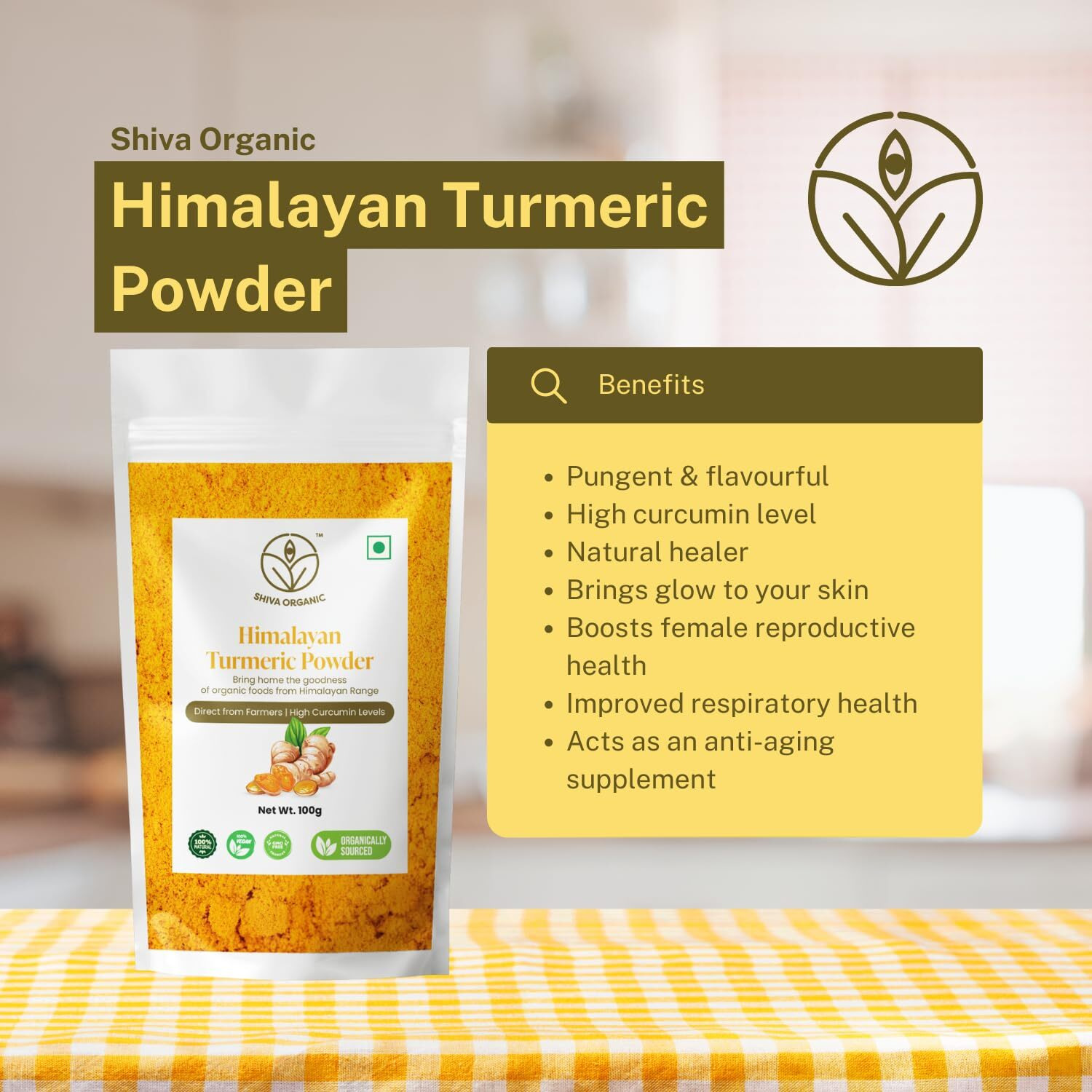 Shiva Organic Himalayan Turmeric Powder/Haldi 100g - High Curcumin level - Preservative/Chemical Free