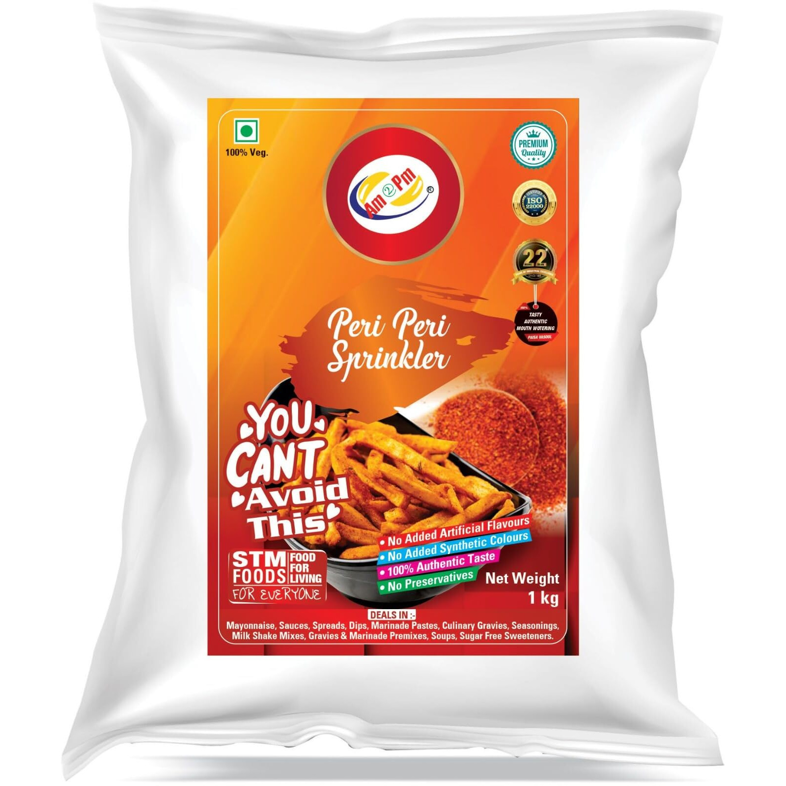 Am 2 Pm - Peri Peri Sprinkler 1kg Seasoning - 100% Pure and Natural Sprinkler Masala Powder - Zero added Colours, Fillers, Additives & Preservatives