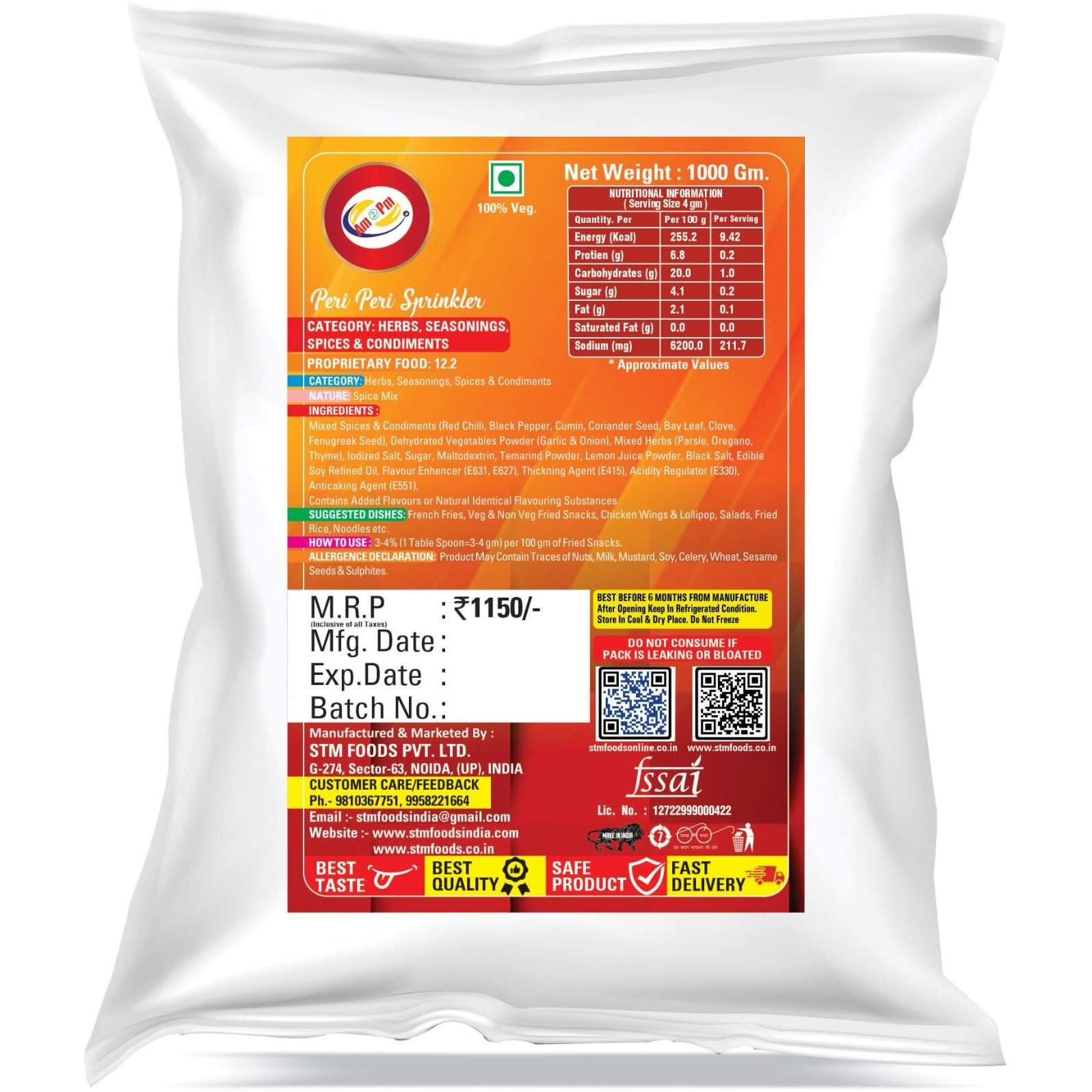 Am 2 Pm - Peri Peri Sprinkler 1kg Seasoning - 100% Pure and Natural Sprinkler Masala Powder - Zero added Colours, Fillers, Additives & Preservatives