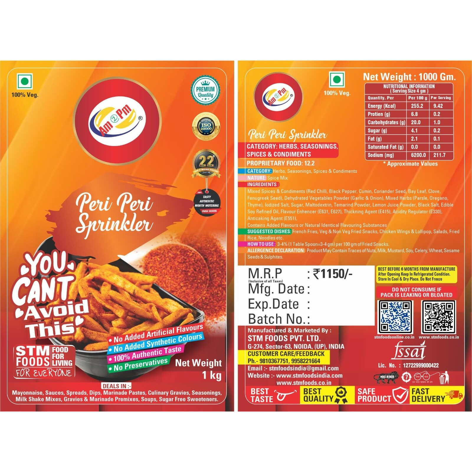 Am 2 Pm - Peri Peri Sprinkler 1kg Seasoning - 100% Pure and Natural Sprinkler Masala Powder - Zero added Colours, Fillers, Additives & Preservatives