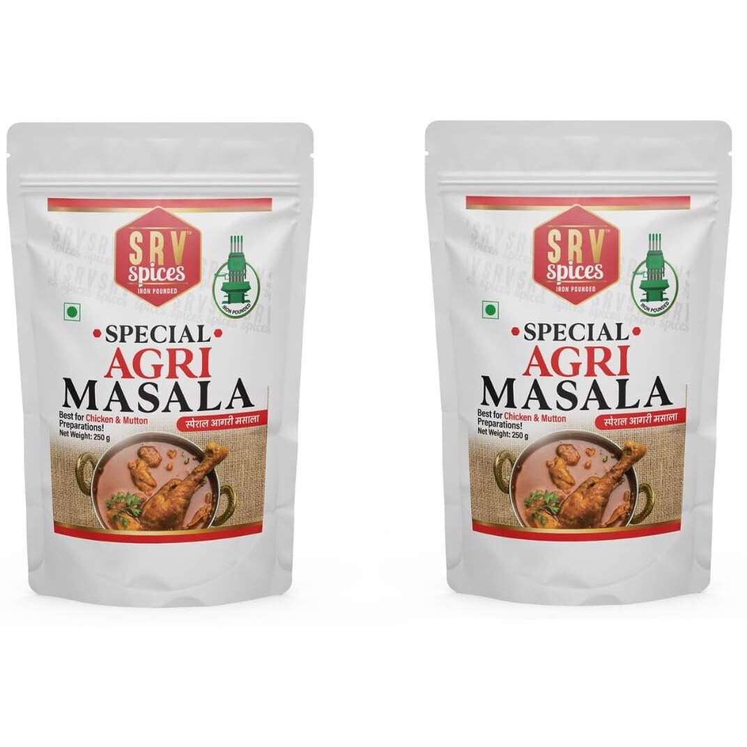 SRV Spices Special Agri Masala| Agri Community Masala| Mild Spicy & Rich in Colour| 57 Years of Experience| 27 Hand Picked Ingredients, Chicken, Mutton & Sea Food Specialist (250gram, Pack of 2)