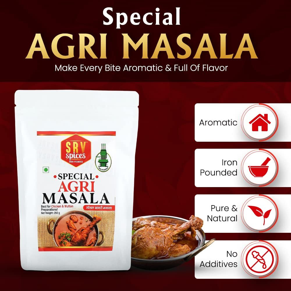 SRV Spices Special Agri Masala| Agri Community Masala| Mild Spicy & Rich in Colour| 57 Years of Experience| 27 Hand Picked Ingredients, Chicken, Mutton & Sea Food Specialist (250gram, Pack of 2)