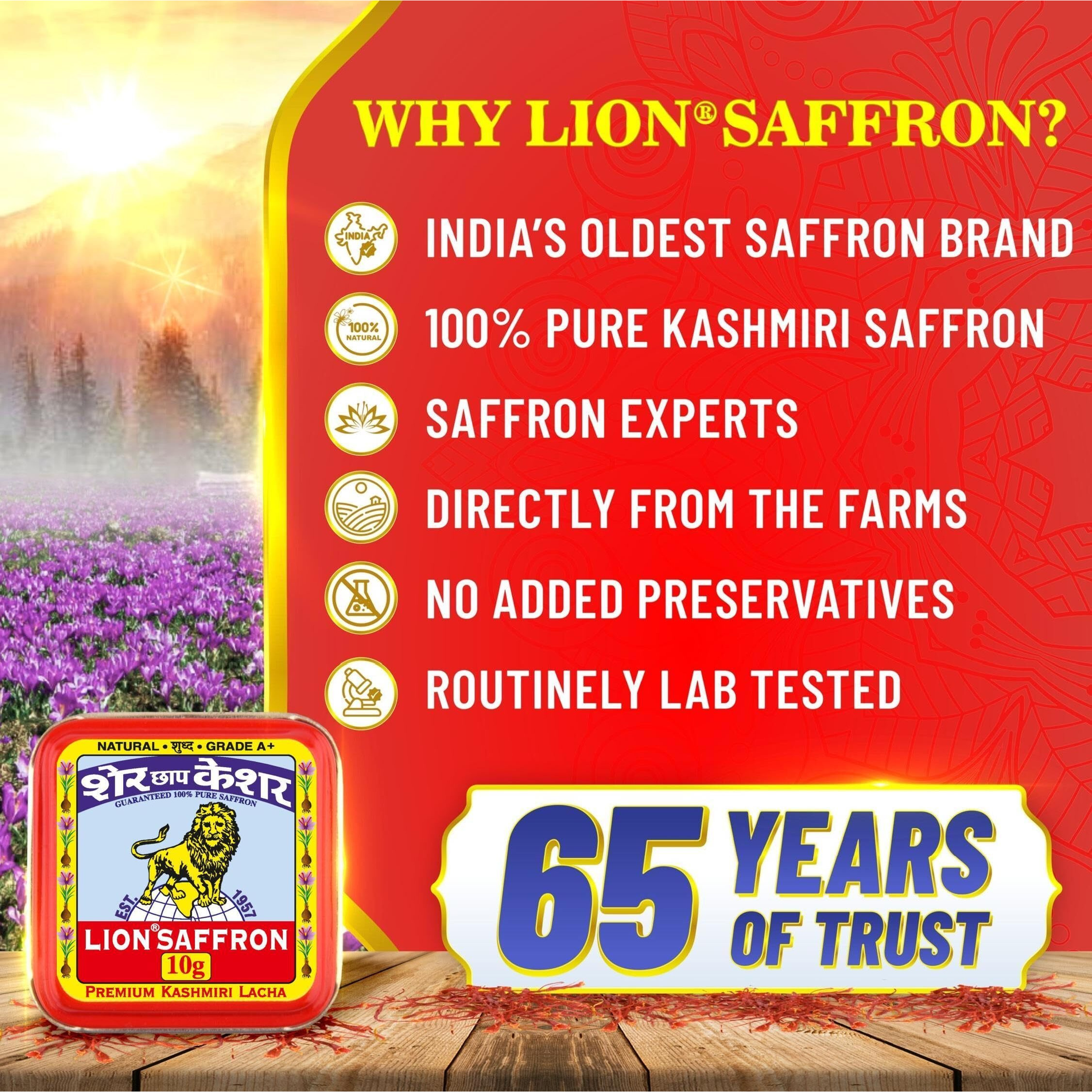 LION BRAND SAFFRON 10g, Lacha Kashmir Saffron/Kesar for Biryani, Pooja, Food and Milk - (Pack of 1, 10gm/10 grams)